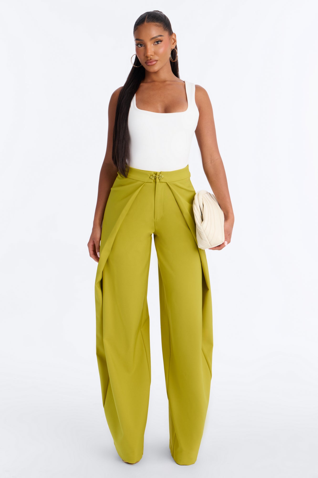 Ziggy Pleated Frog Trim Mid Rise Trouser - Chartreuse
