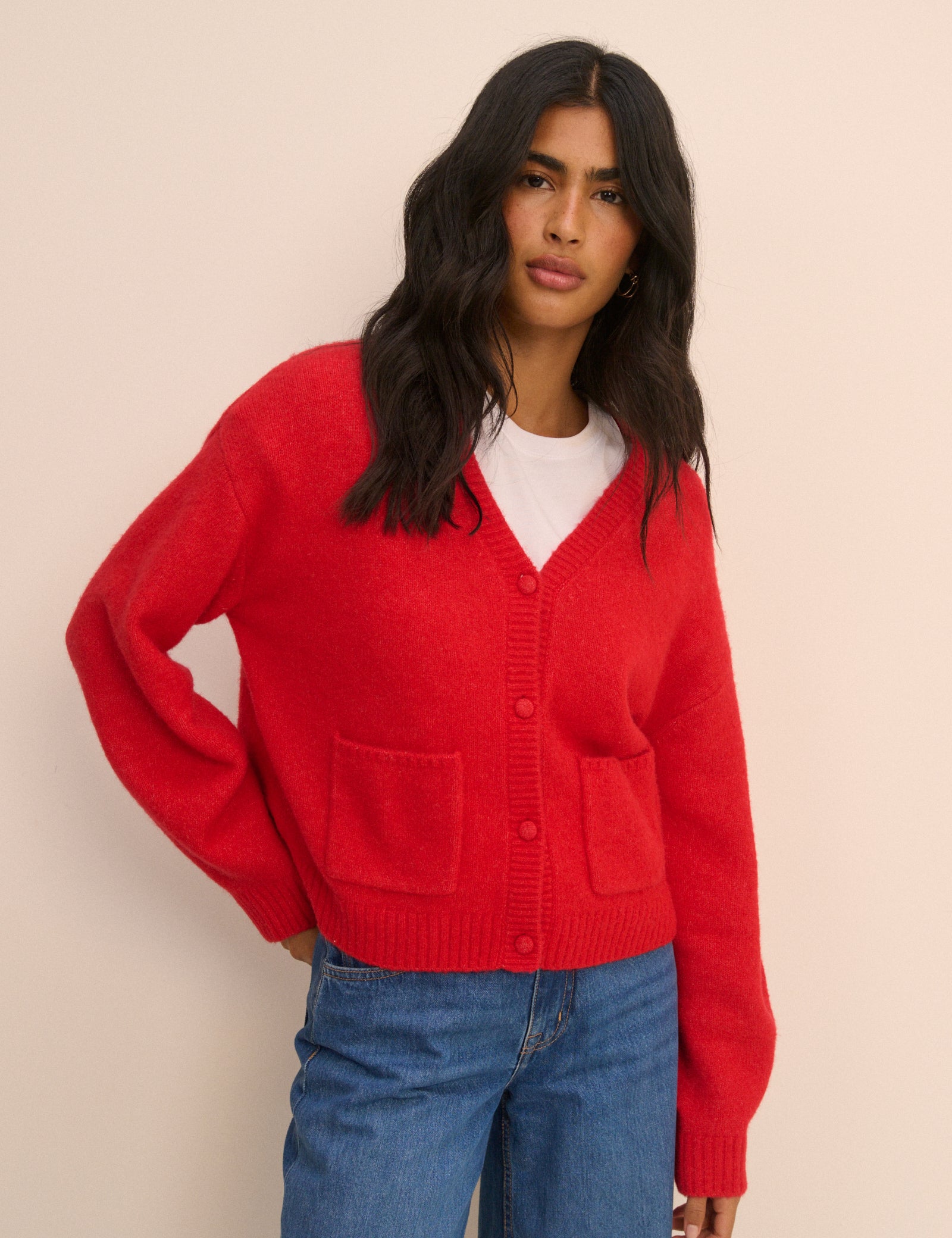 Red V-Neck Pocket Cardigan