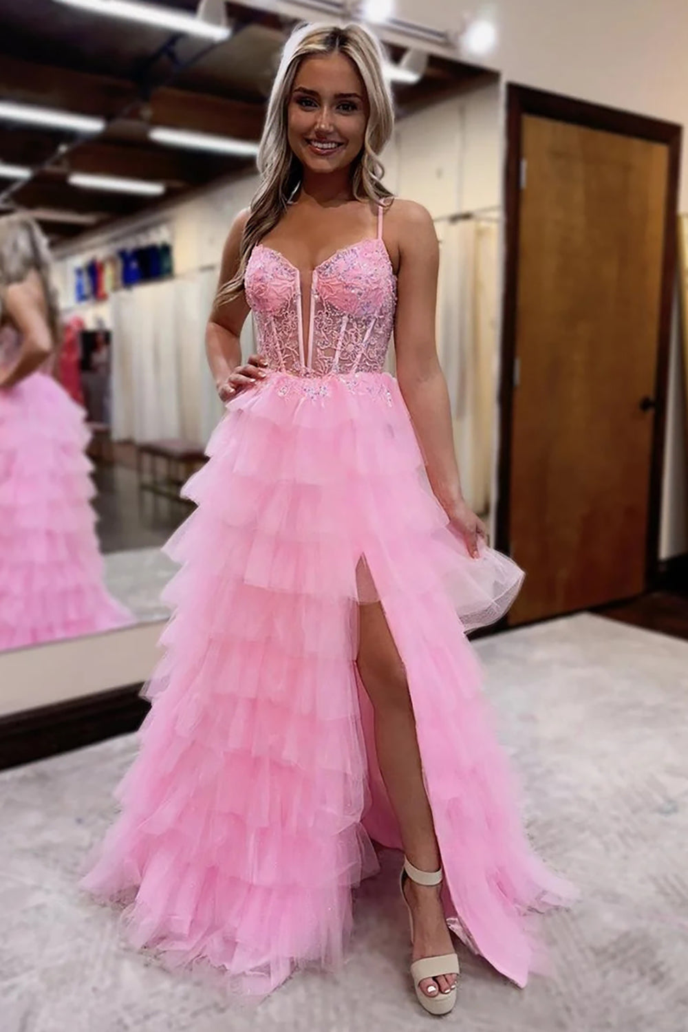 Princess A-Line Long Corset Prom Dress in Pink with Tulle Tiered Skirt and Spaghetti Straps Applique