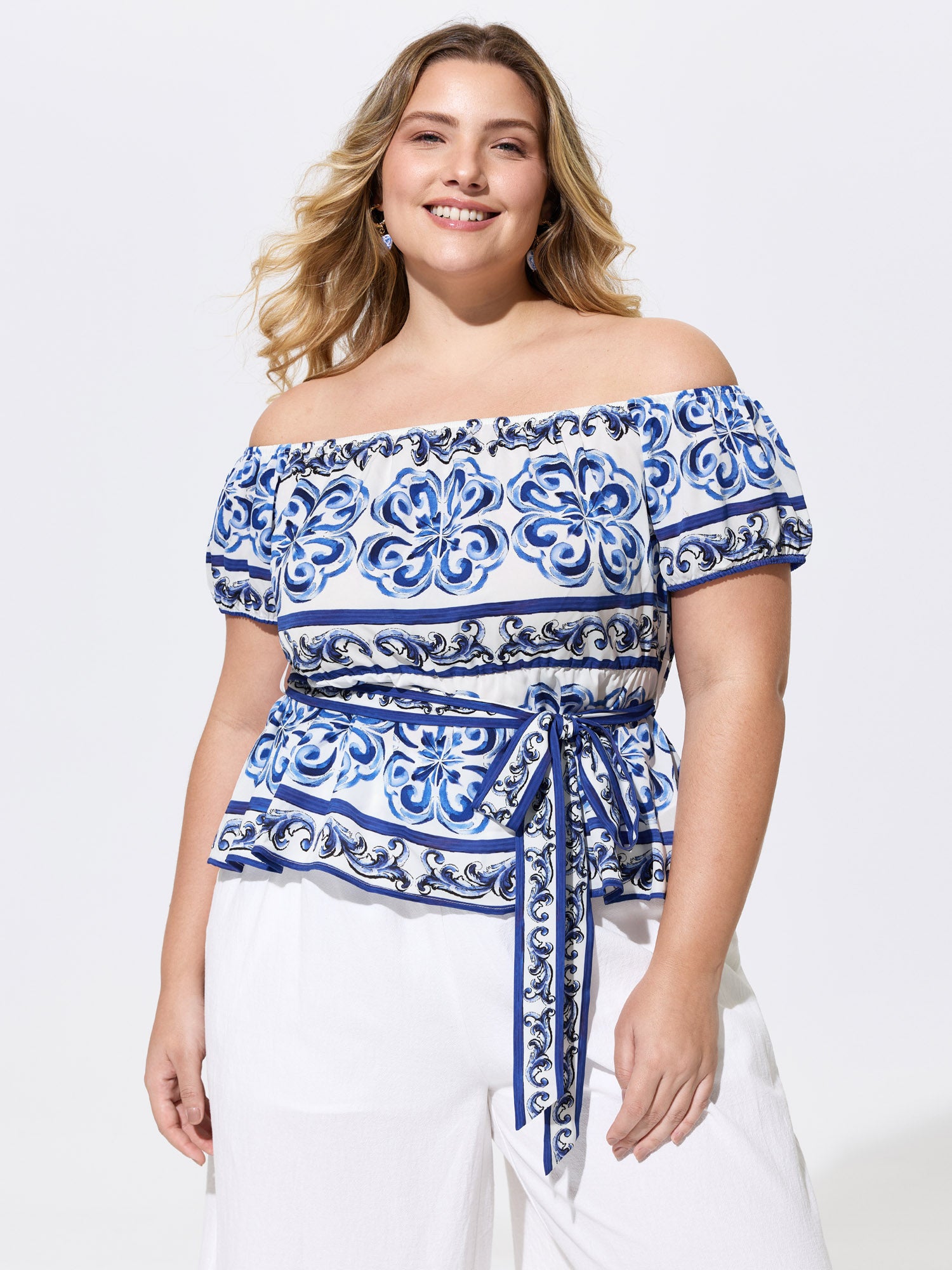 Majolica Print Stretchy Waist Belted Blouse