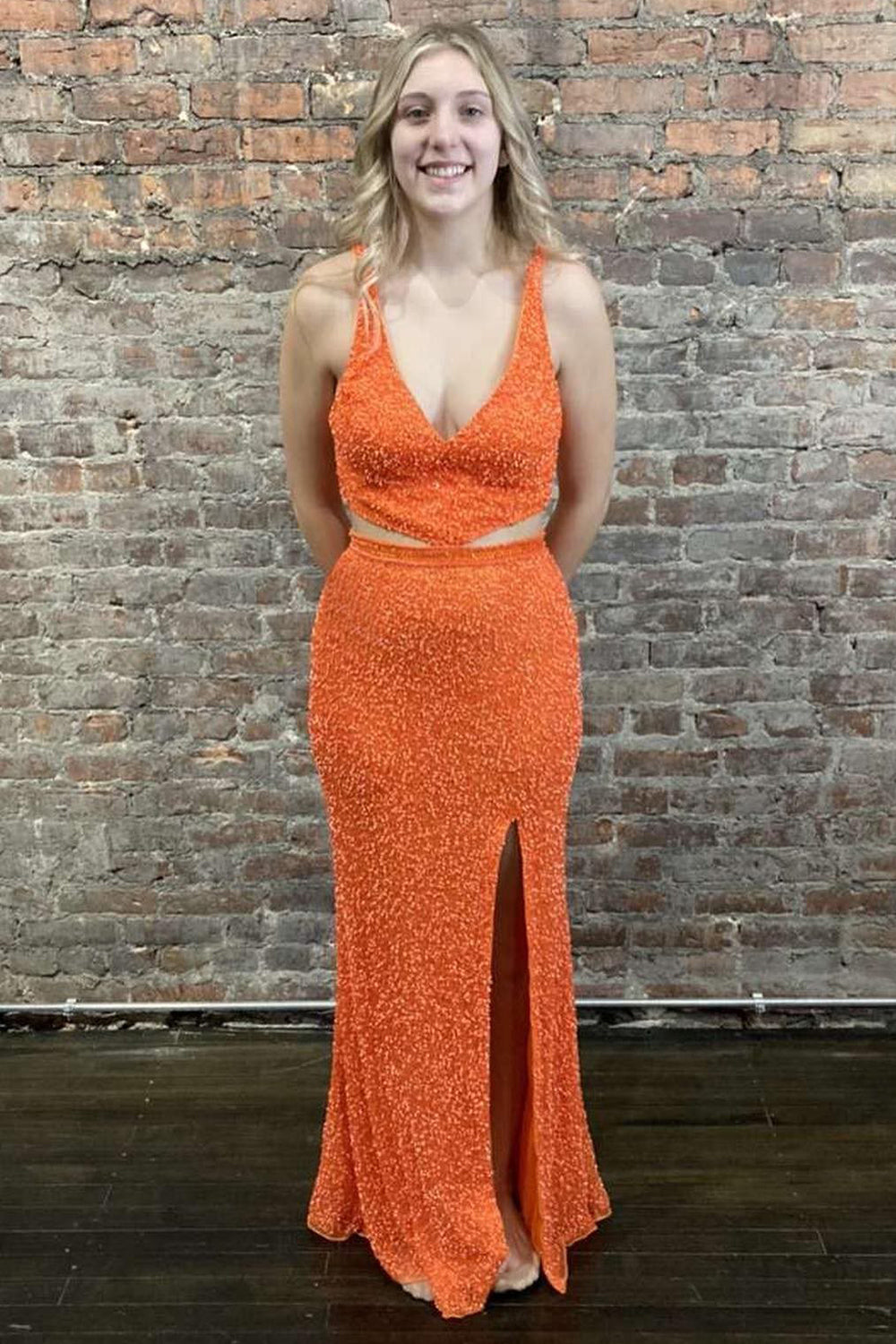 Long Backless Prom Dress with Deep V Neck and Orange Sequins