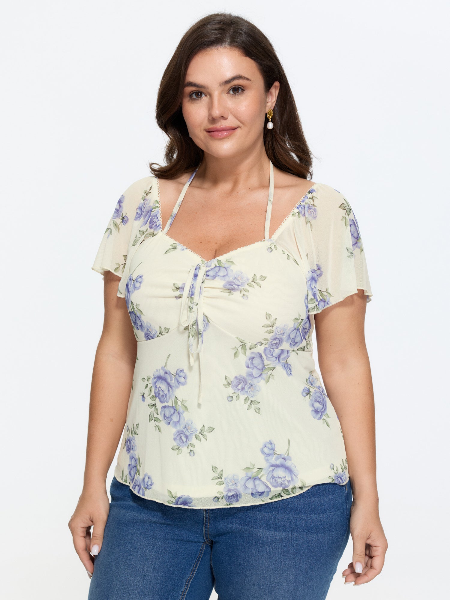 Rose Print Neck-Tie Sweetheart Knit Top