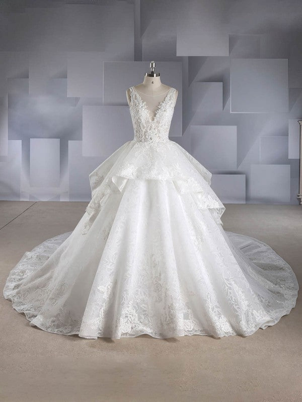 Sexy V-Neck Sleeveless Lace Cathedral Train Wedding Dresses