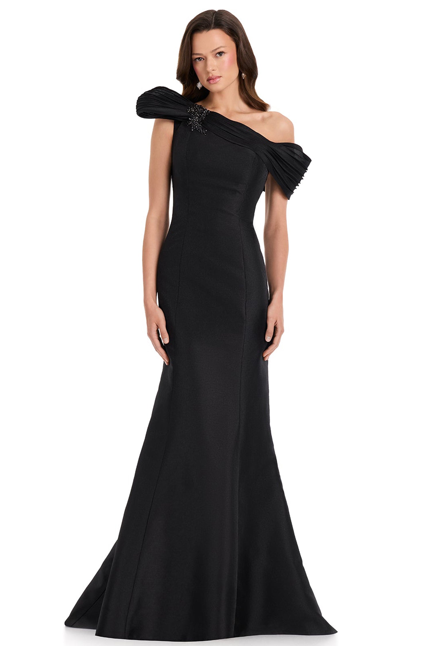Ashley Lauren E12370 Pleated Asymmetric Neck Mikado Evening Gown