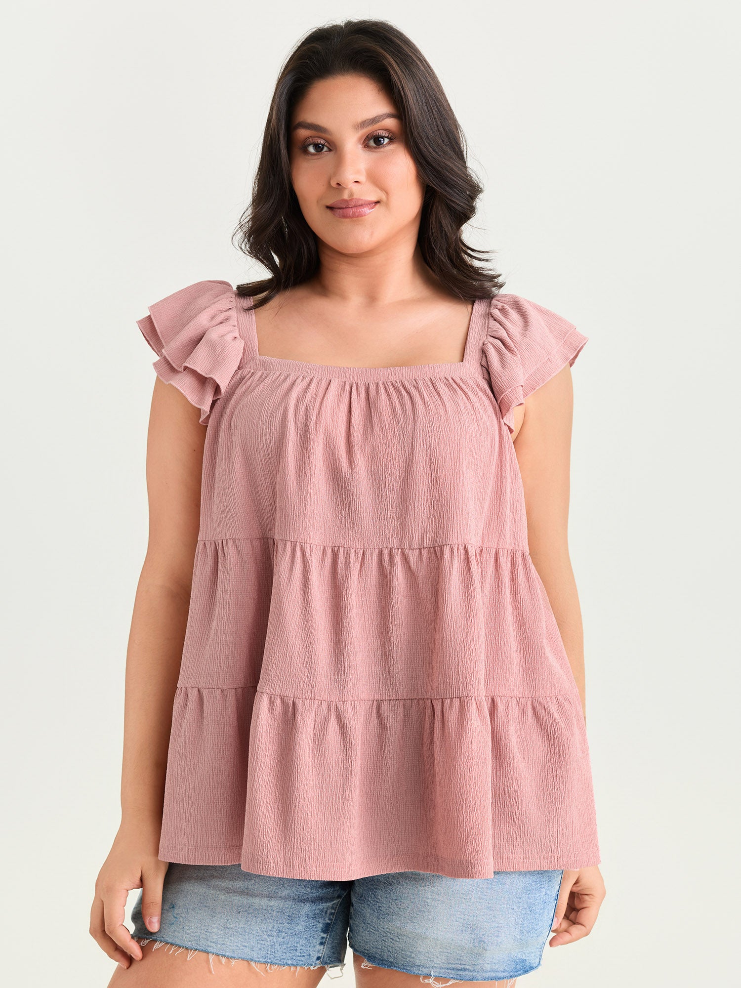 Square Neck Ruffle Sleeve Layered Top