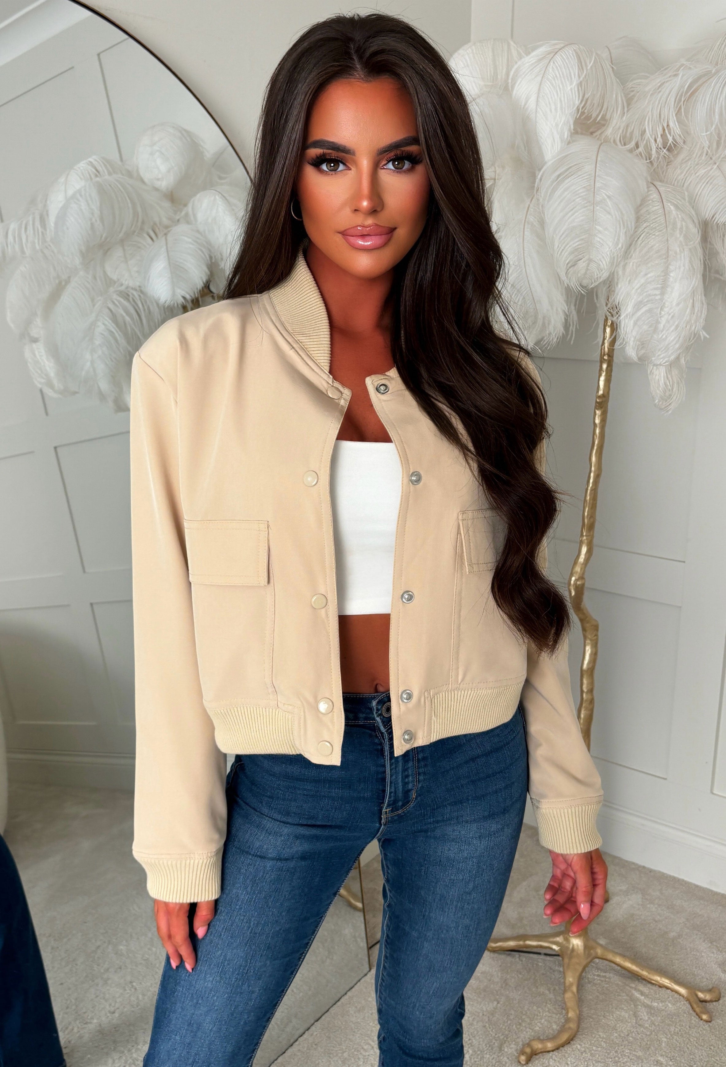 Love The Chase Beige Front Pocket Bomber Jacket