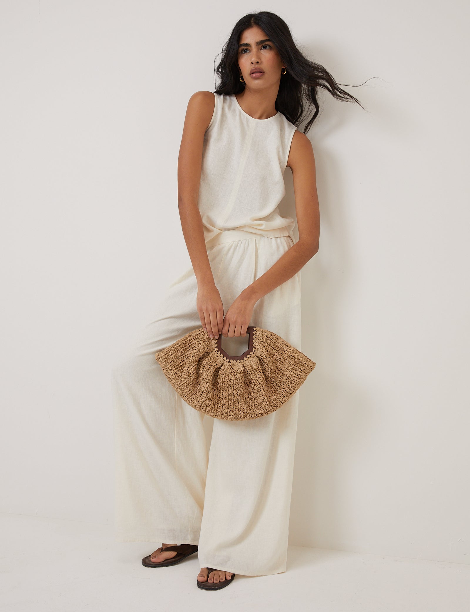 Cream Linen-Blend Wide Leg Jerrow Trousers