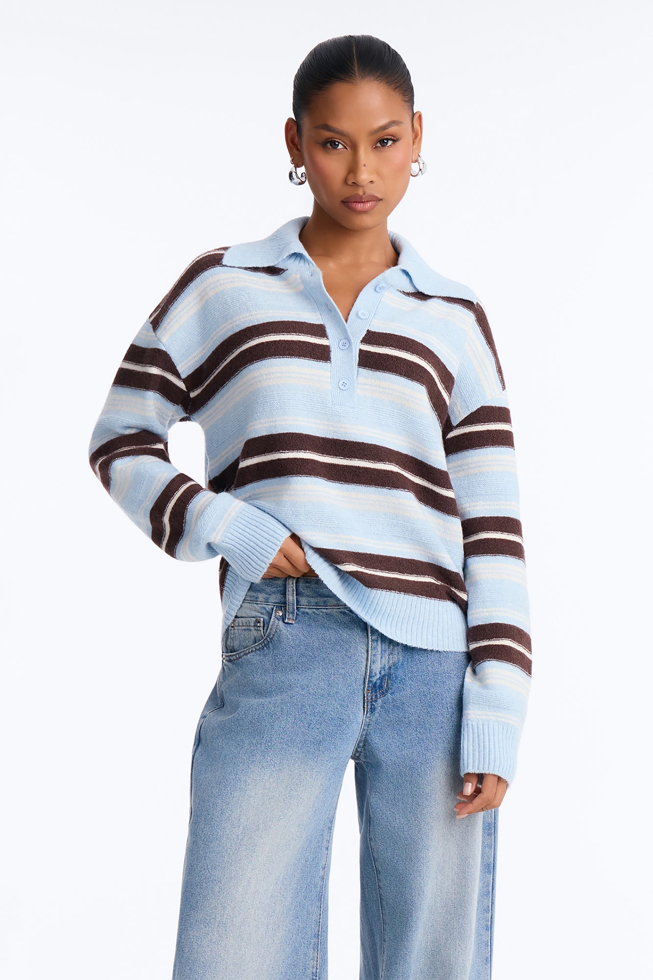 Fall Breeze Striped Polo Sweater - Blue/combo