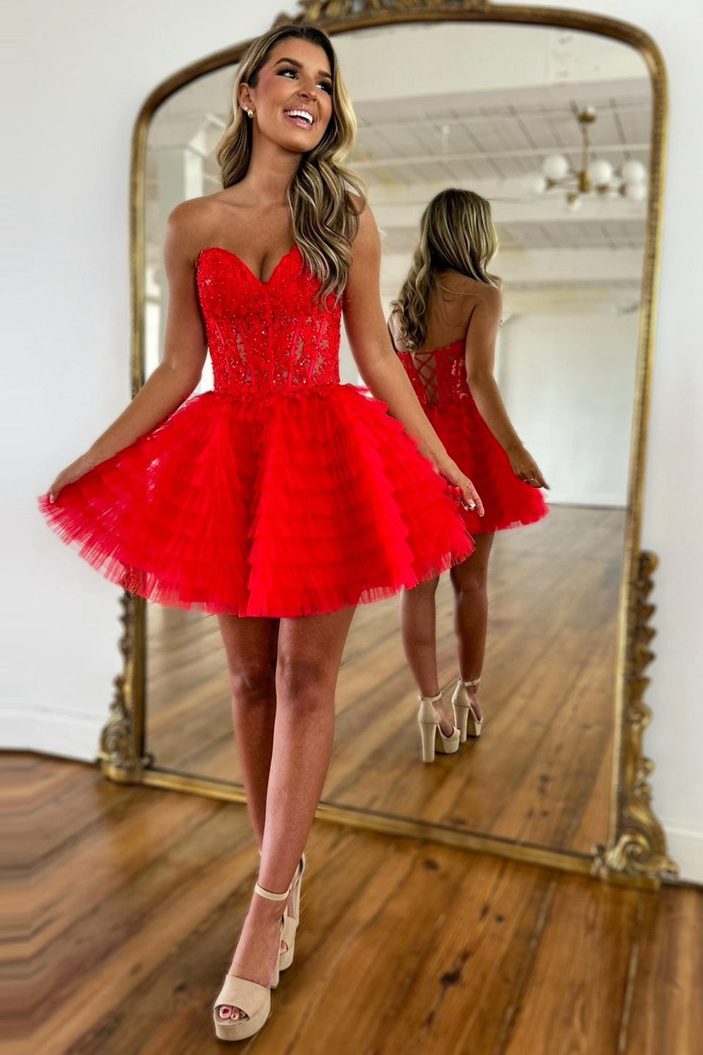 Sparkly Red Strapless Corset A Line Short Homecoming Dress/Mini Dress With Beadings