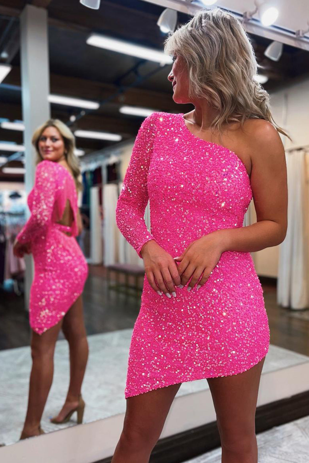 Sparkly Hot Pink One Shoulder One Sleeve Tight Homecoming Dress/Mini Dress with Fringes