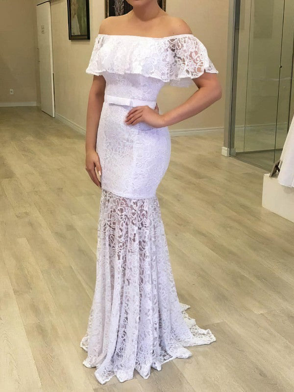Elegant Sweep Train Trumpet Lace Off-The-Shoulder Wedding Dresses with Ribbon