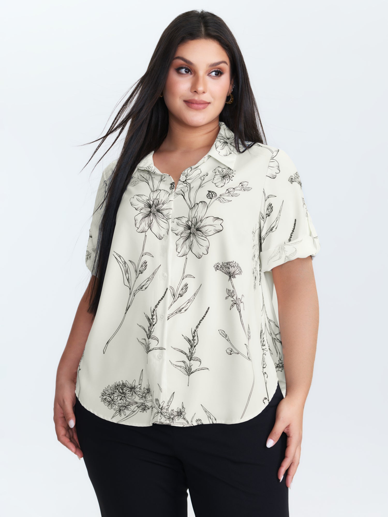 Floral Print Tab Sleeve Button-Down Blouse