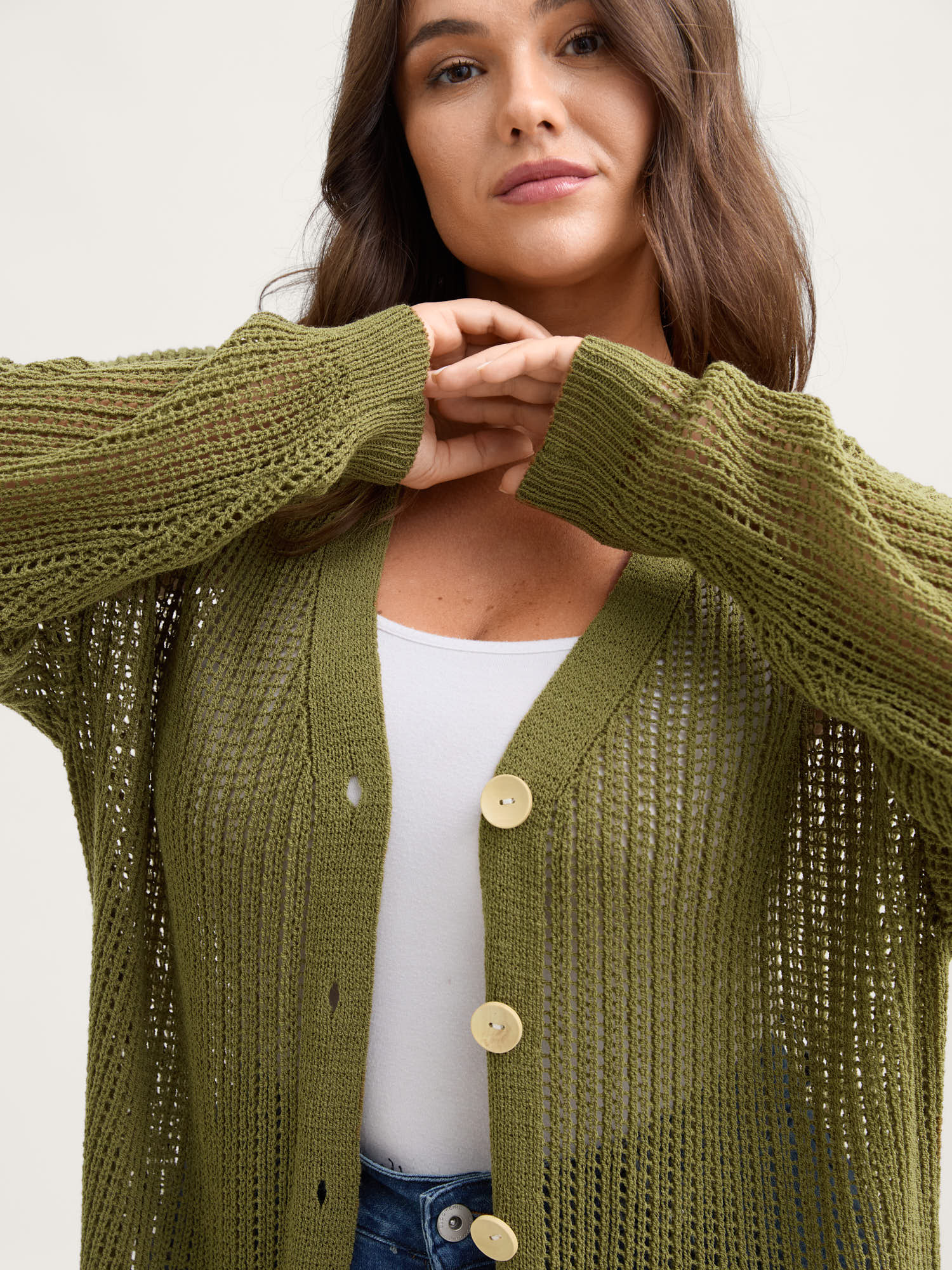 Textured Cut-Out Button Detail Cardigan