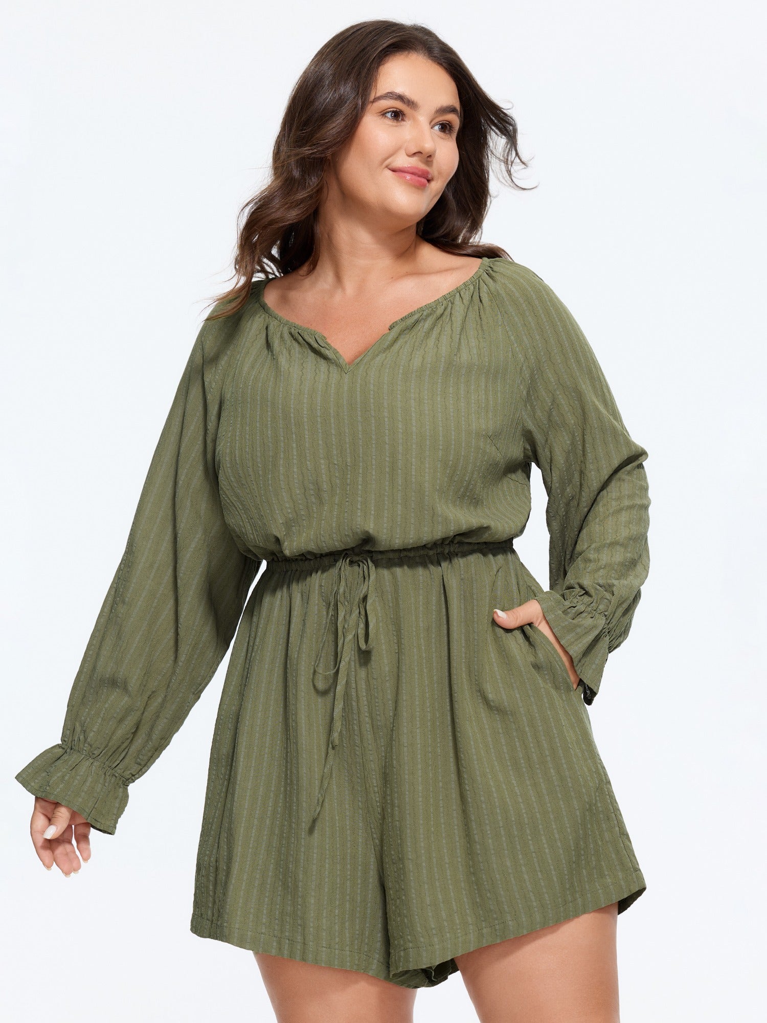 Textured Stripe Drawstring Waist Pocket Romper