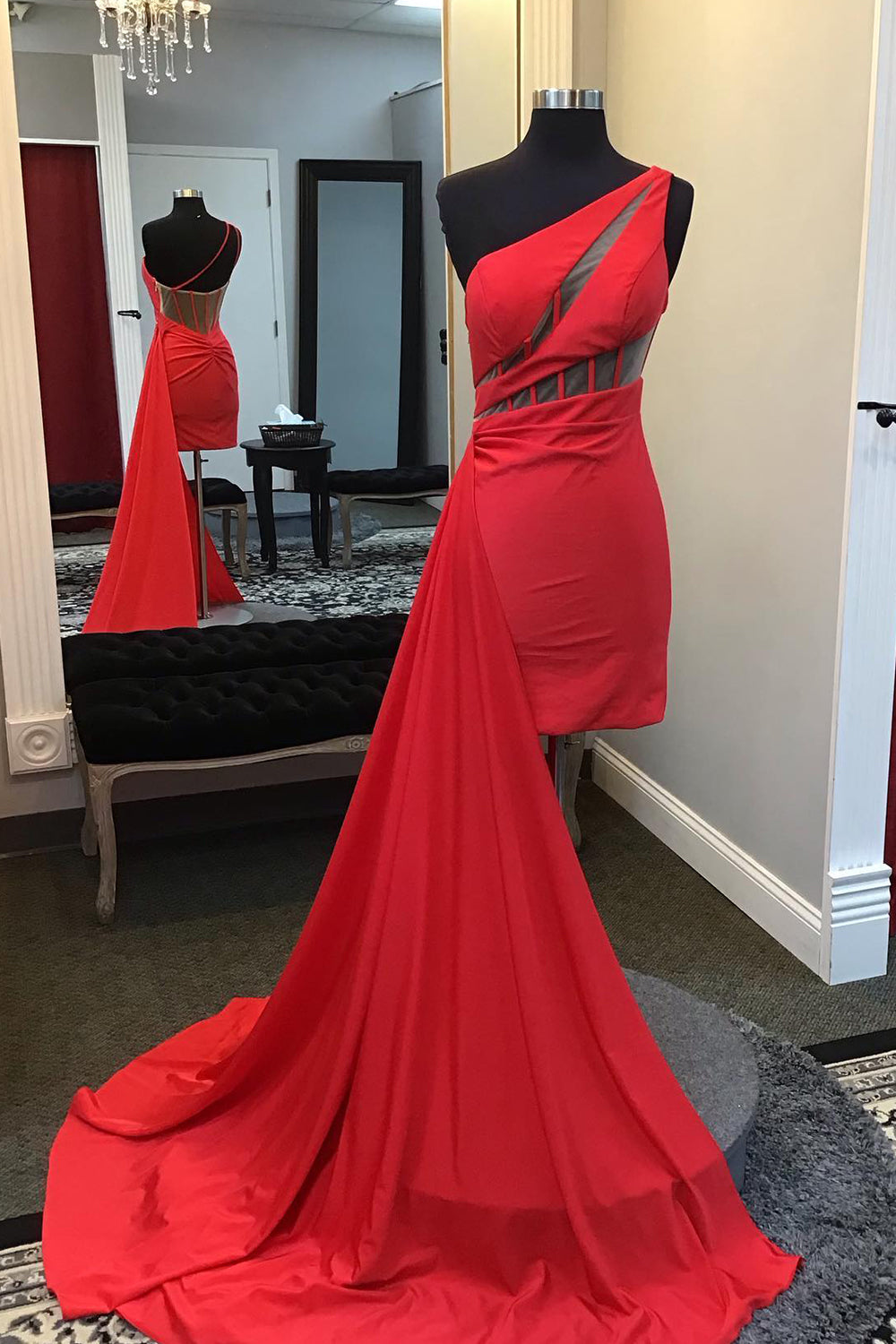 Red Corset One Shoulder Tight Short Satin Homecoming Dress/Mini Dress with Ruffle