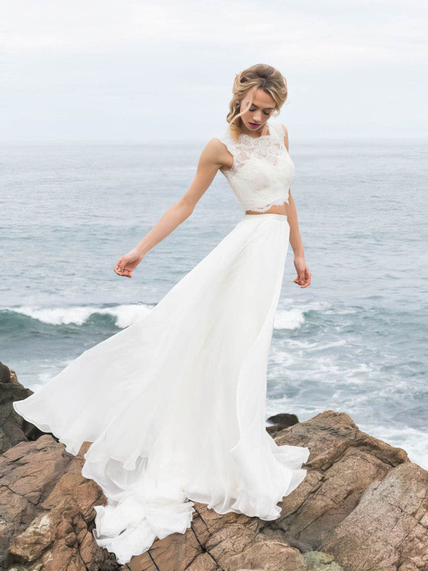 Trendy Two-Piece A-Line Lace Chiffon Floor-Length Wedding Dresses