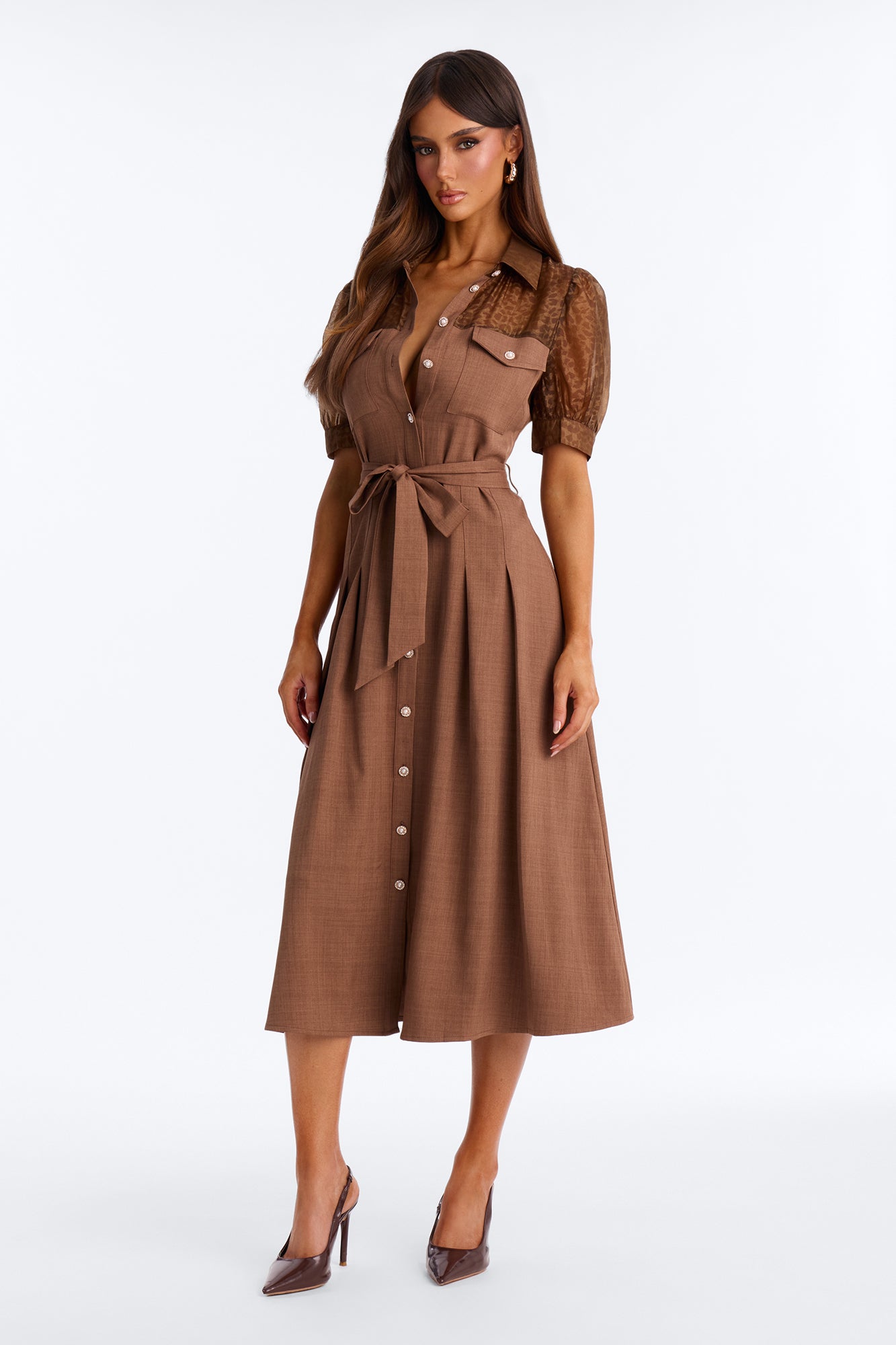 Camille Belted Collar Button Up Midi Dress - Brown/combo