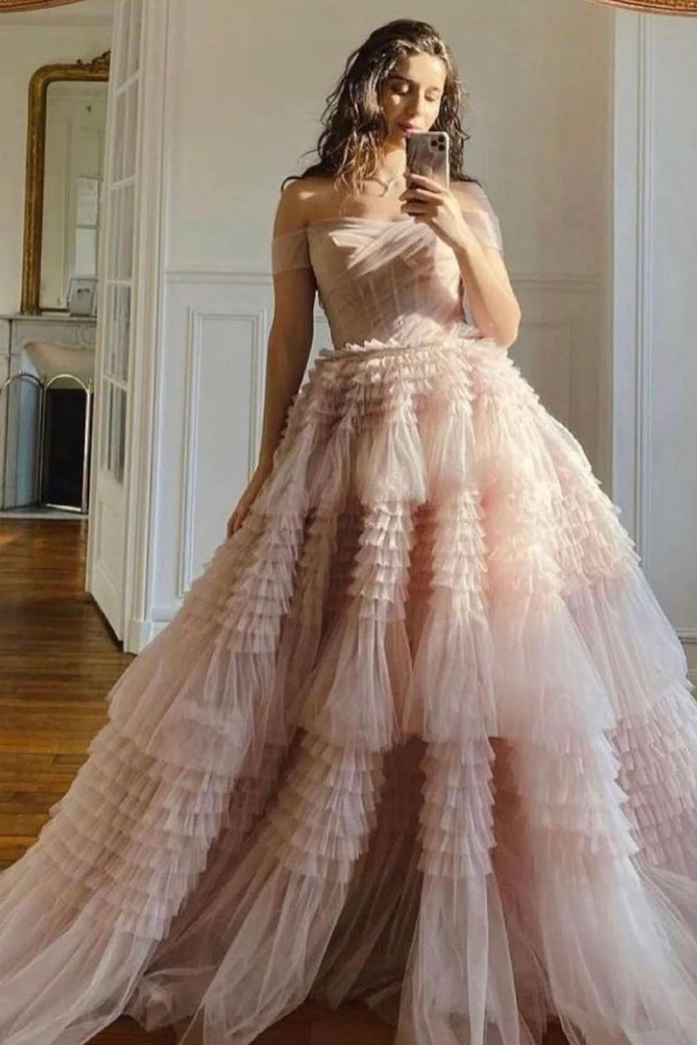 Light Pink Off-the-Shoulder Princess A-Line Corset Prom Dress Featuring Ruffles