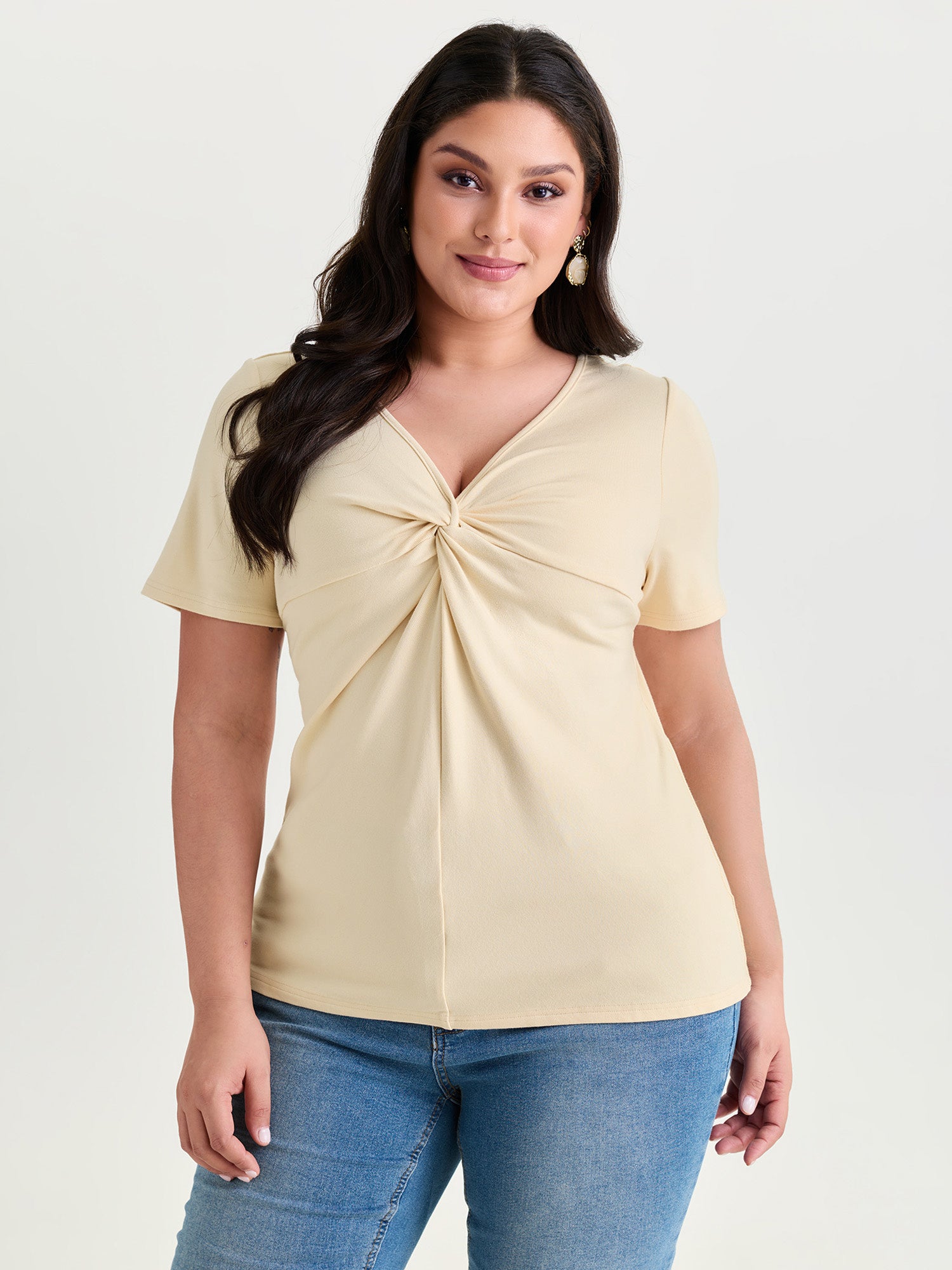 Twist Front V-Neck Fitted Solid Top