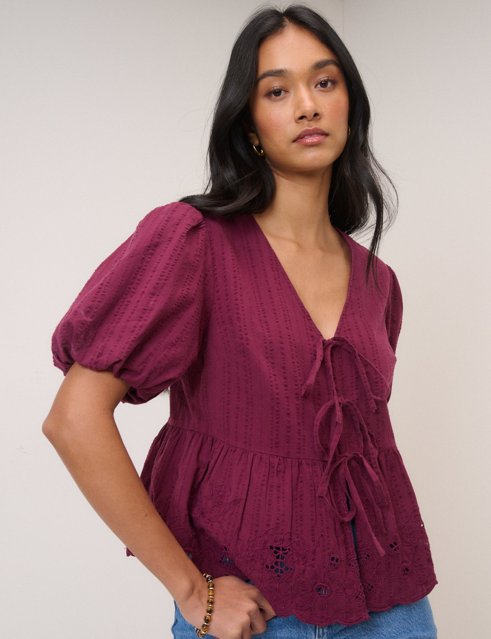 Burgundy Floral Broderie Anglaise Blouse
