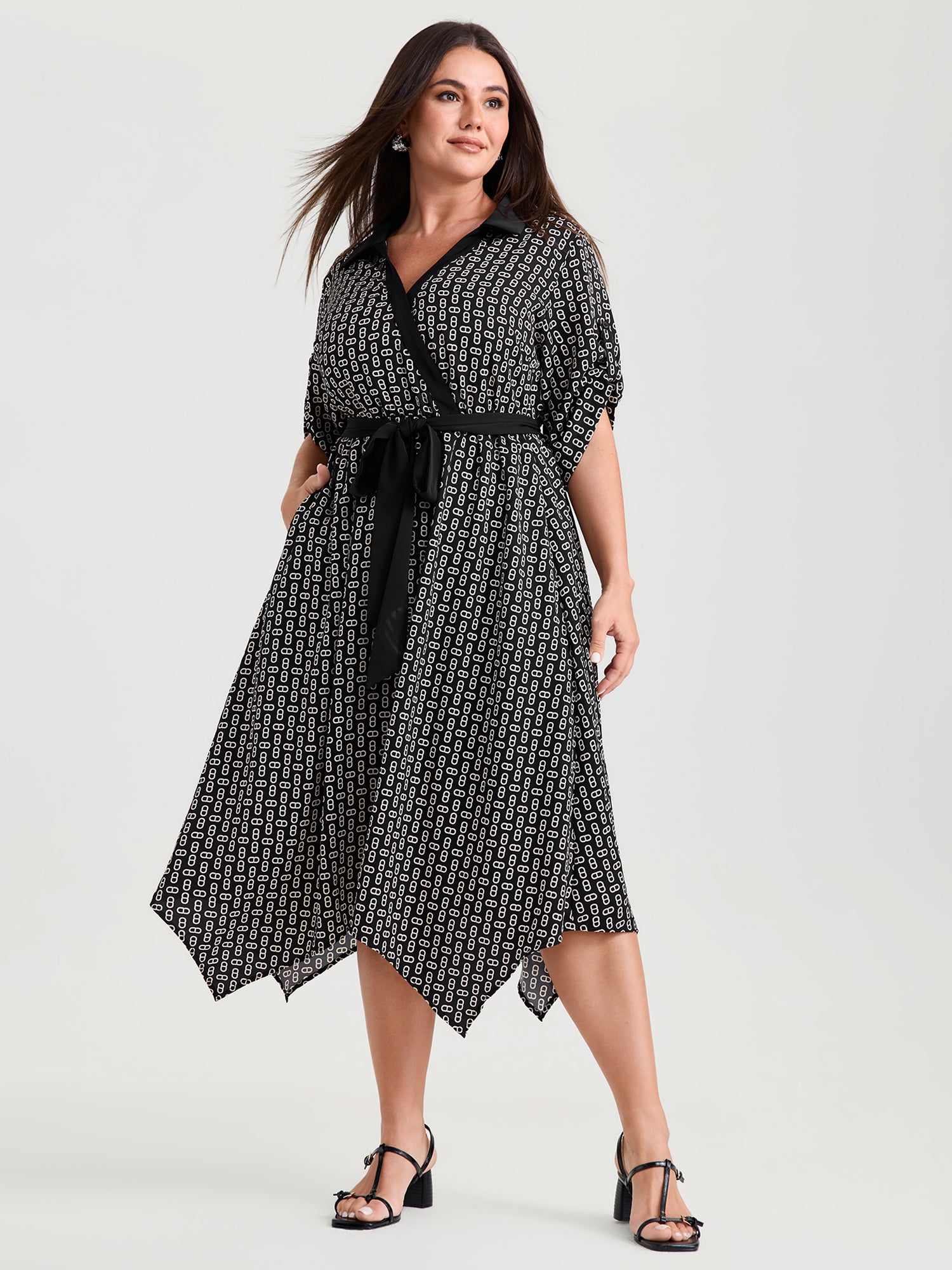 Monochrome Geometric Print Waist-Tie Collar Midi Dress
