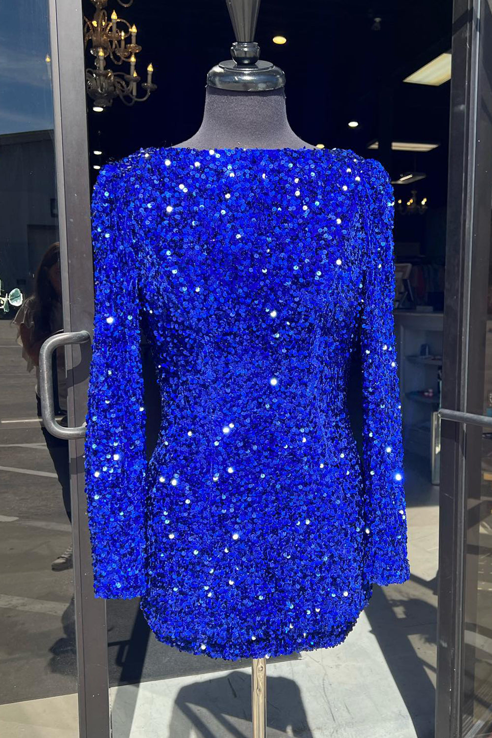 Sparkly Royal Blue Sequins Backless Short Homecoming Dress/Mini Dress With Long Sleeves