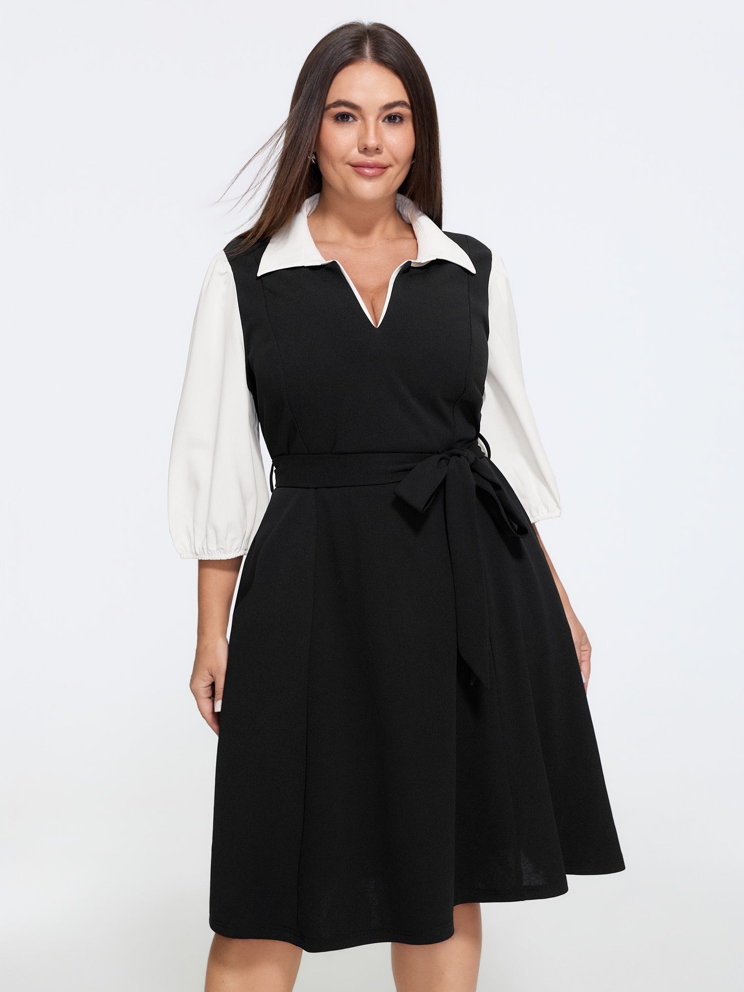 Color Block Shirt Collar Tie Waist Mini Dress