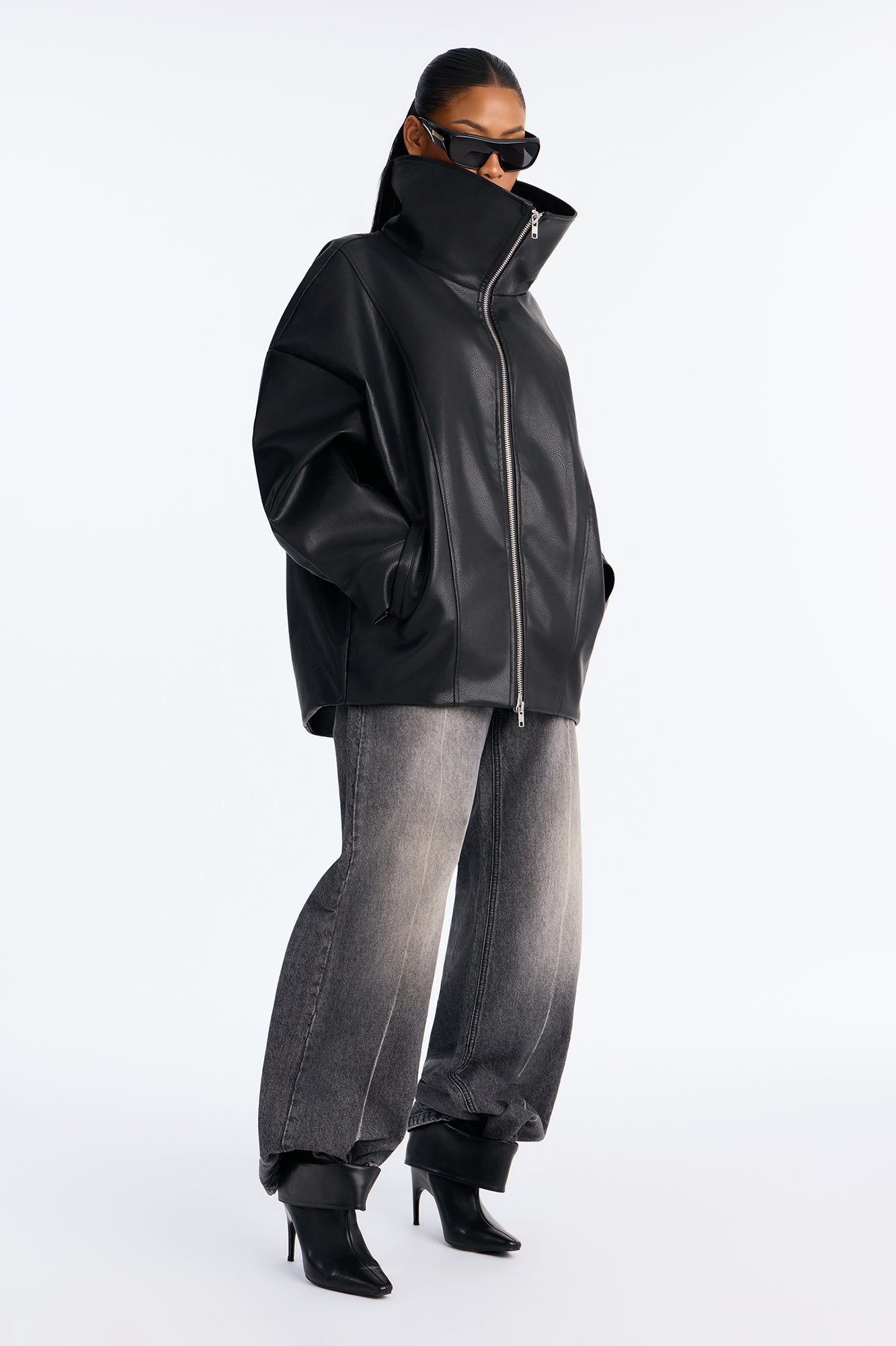 Oversized Faux Leather Funnel Neck Coat - Black