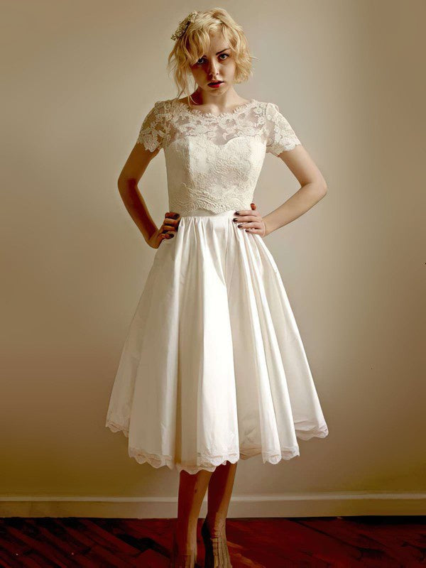 Glamorous A-Line Short Sleeves Taffeta Tea-length Wedding Dresses