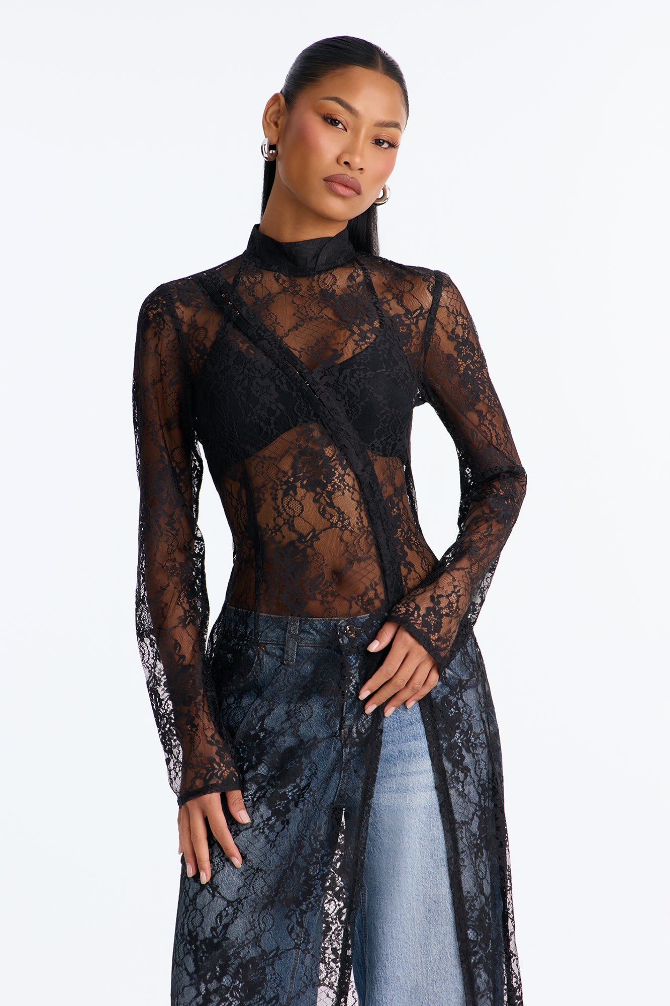 Tonight's Obsession Long Sleeve Lace Top - Black