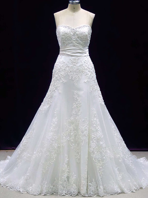 Gorgeous A-Line Sweetheart Lace Strapless Court Train Wedding Dresses with Beads