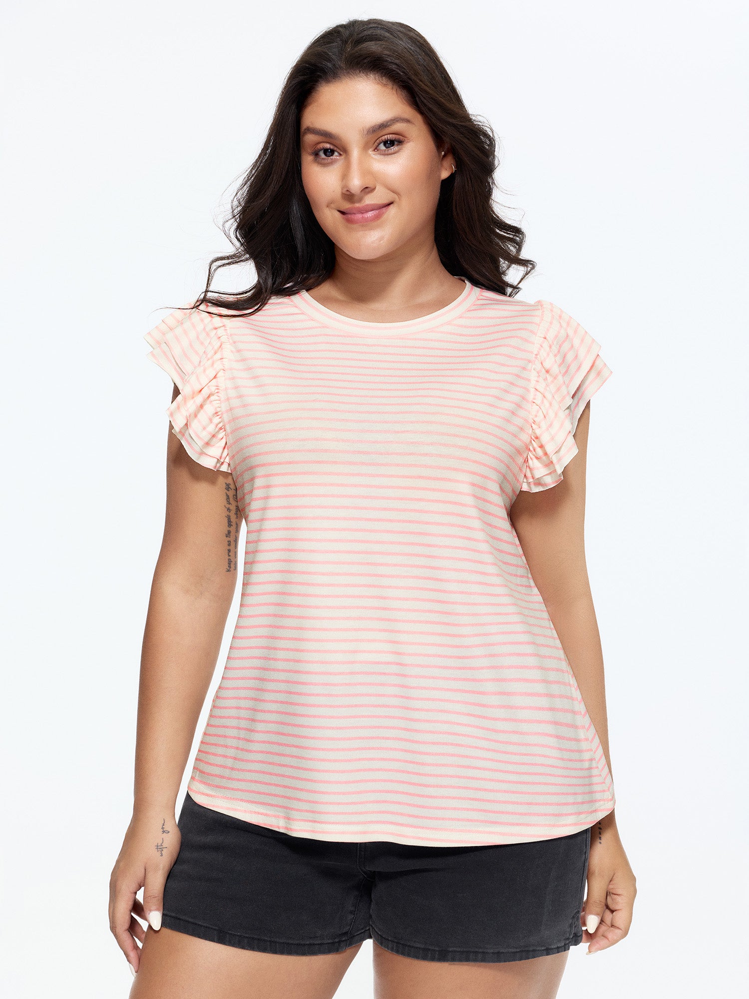 Supersoft Stretchy Sheer Ruffled Sleeve T-Shirt