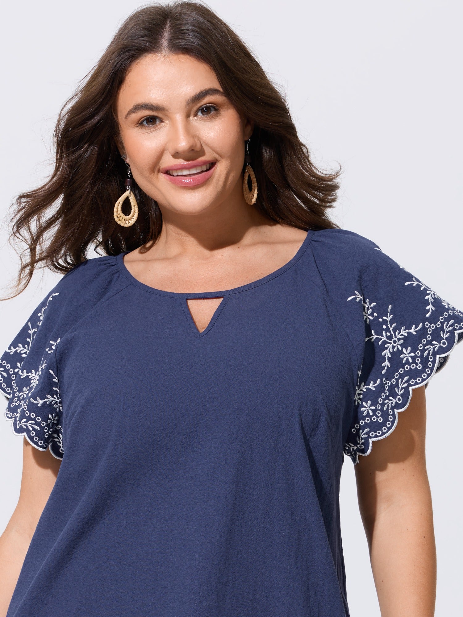 Floral Embroidered Scalloped Flutter Sleeve Blouse