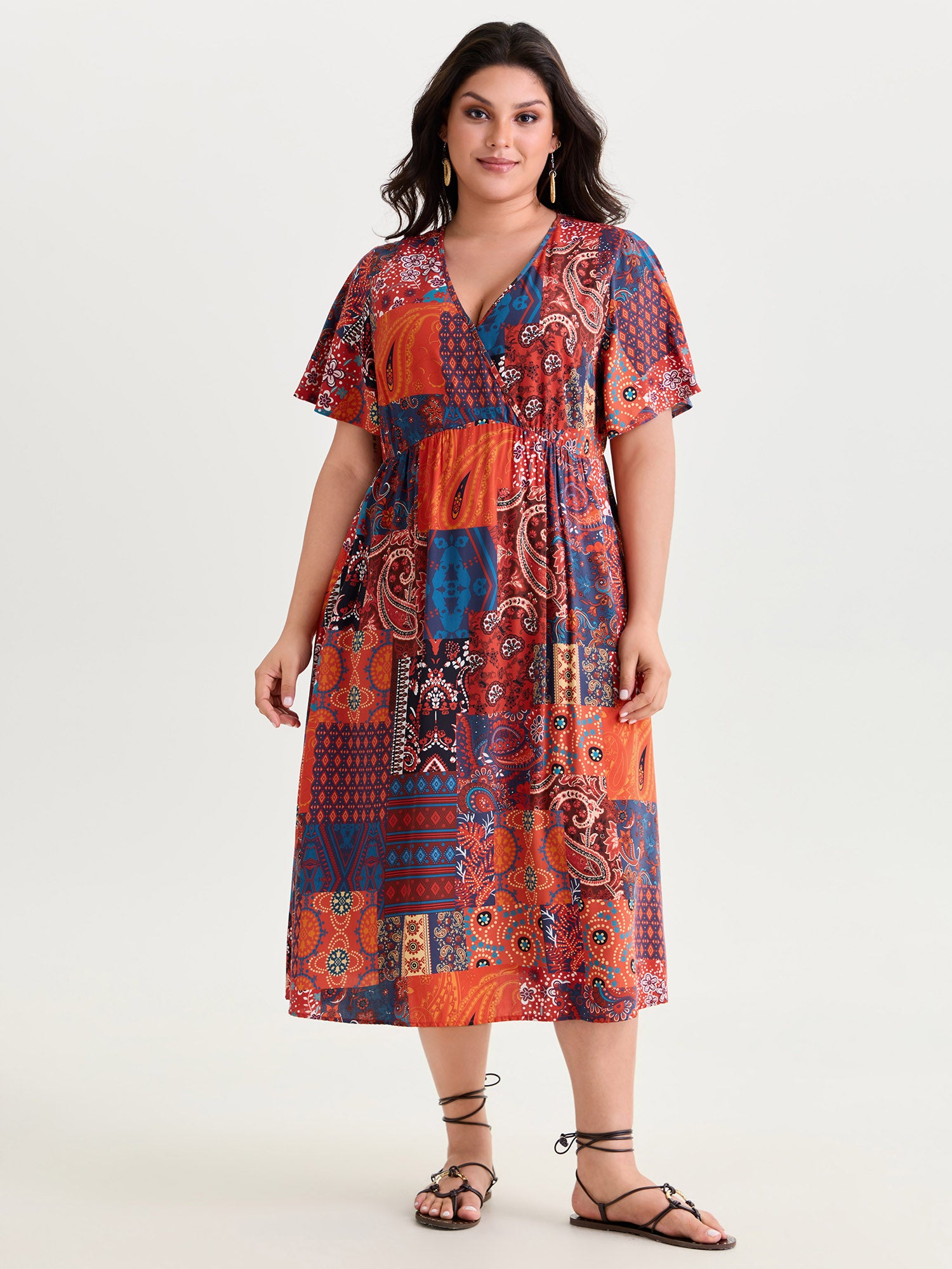 Patchwork Print Wrap Front Midi Dress