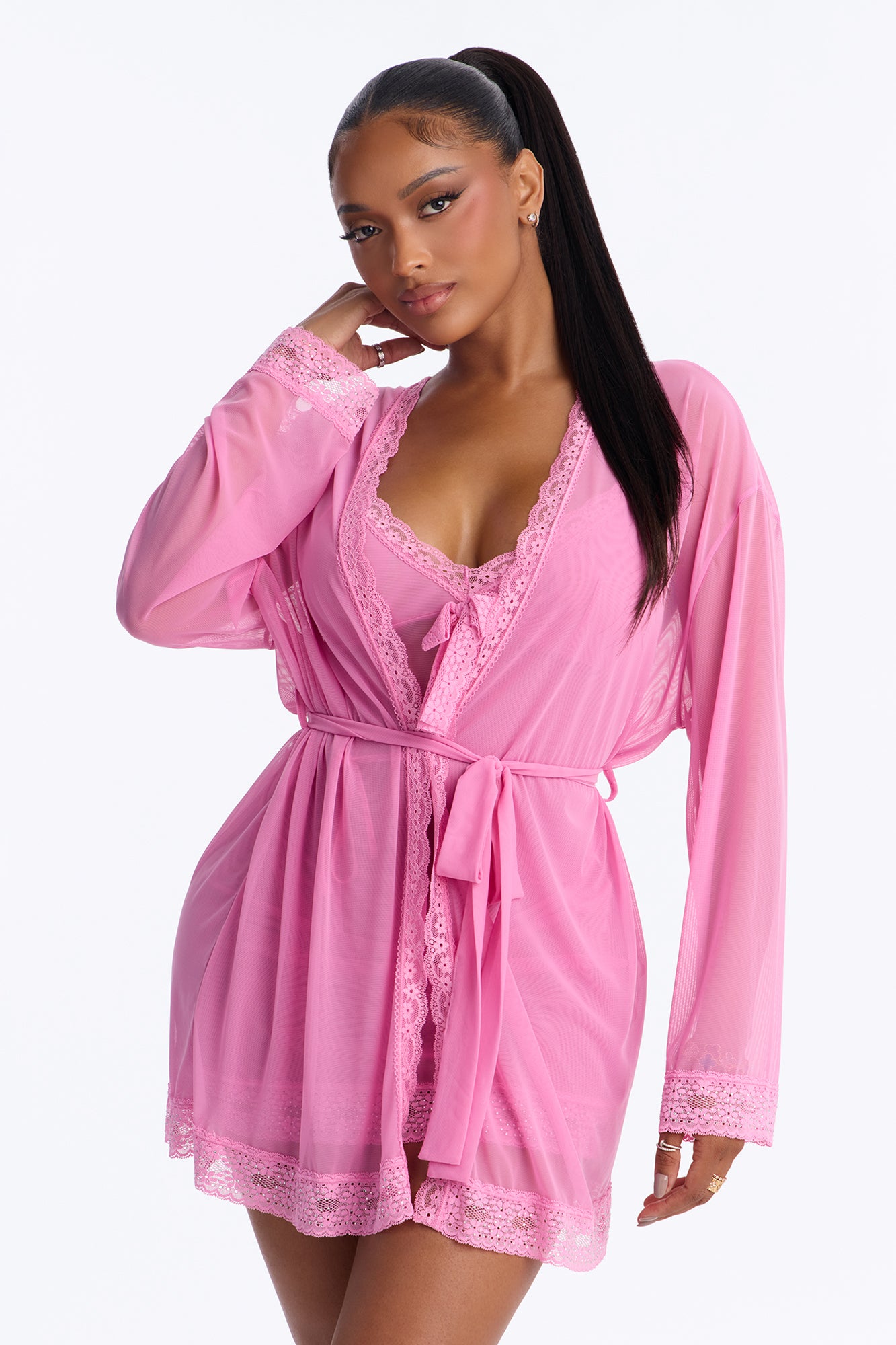 Miss Me Sheer Rhinestone Chemise 3 Piece Robe Set - Pink