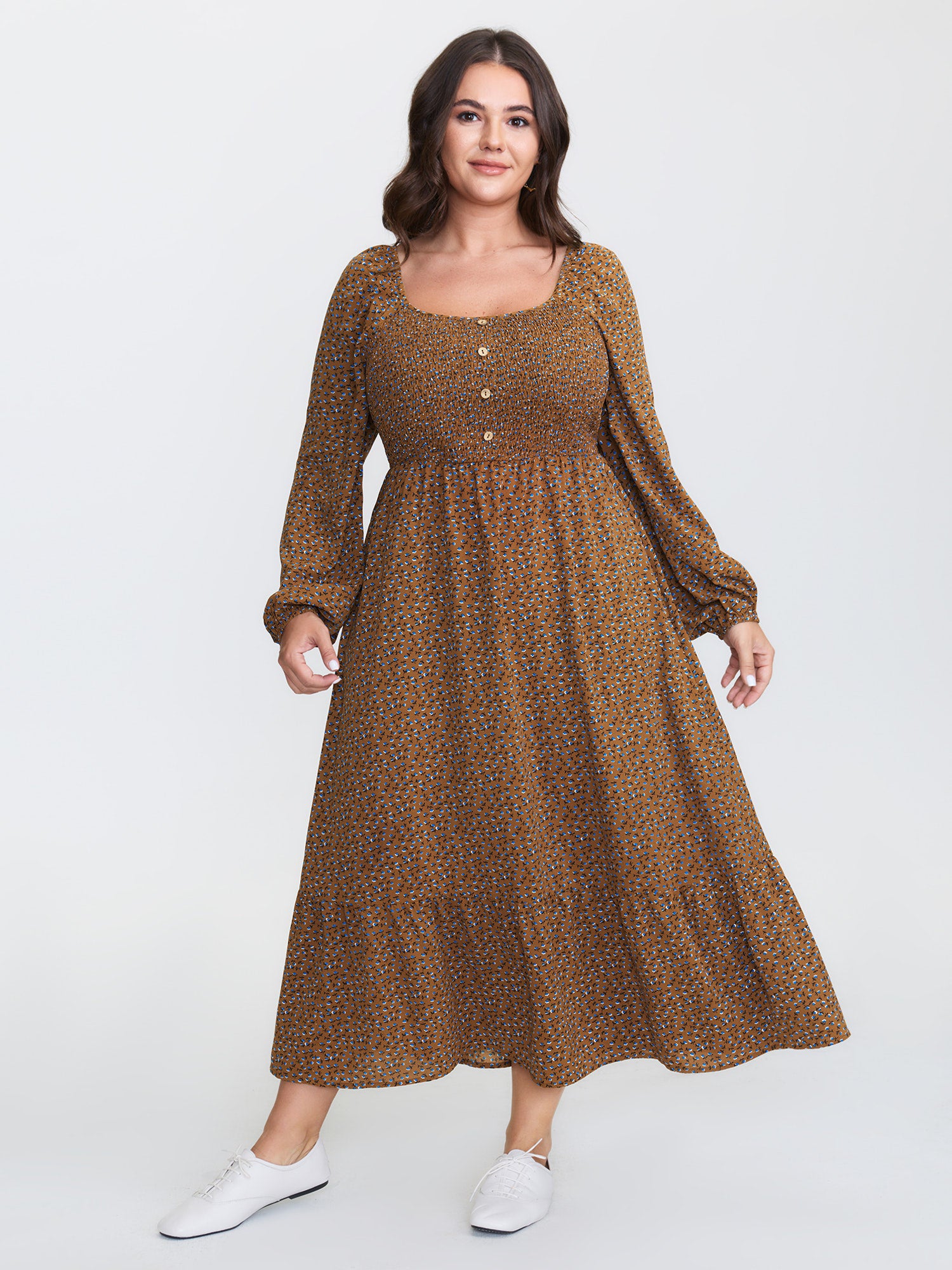 Micro Floral Print Shirred Pattern Midi Dress