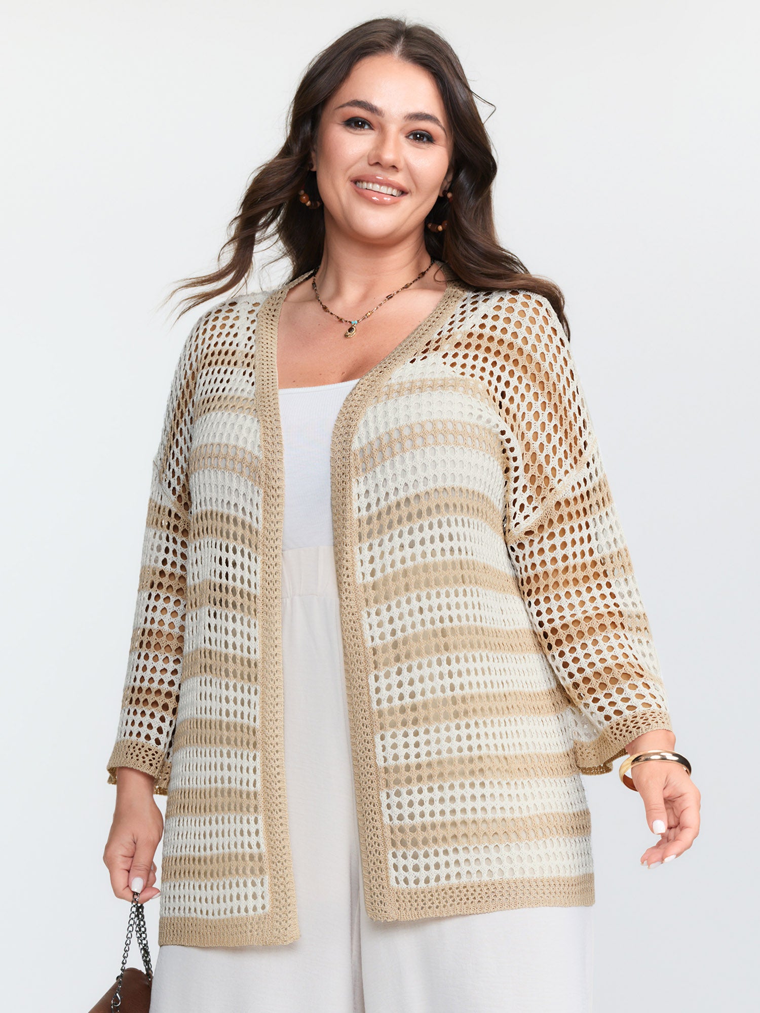 Crochet V-Neck Striped Knit Cardigan