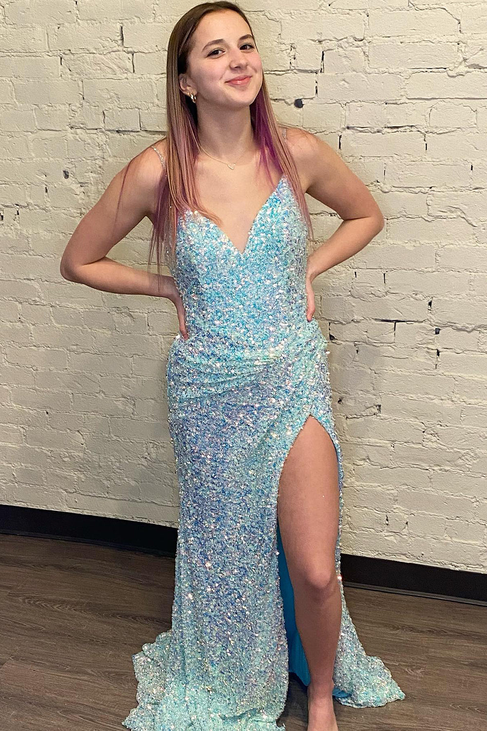 Long Open-Back Prom Dress in Light Blue with Sequins