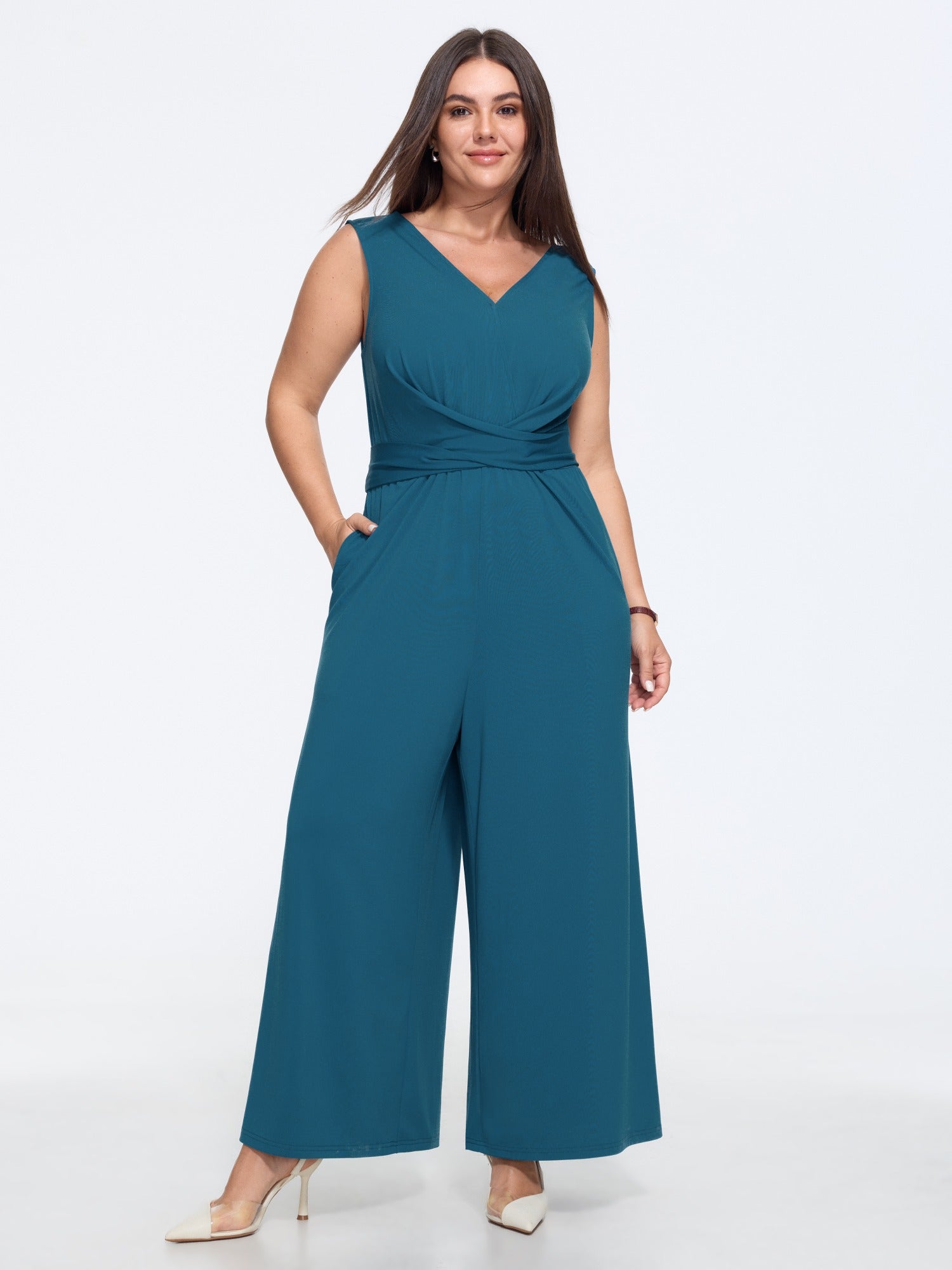 Stretchy V Neck Wrap Waist Wide Leg Jumpsuit