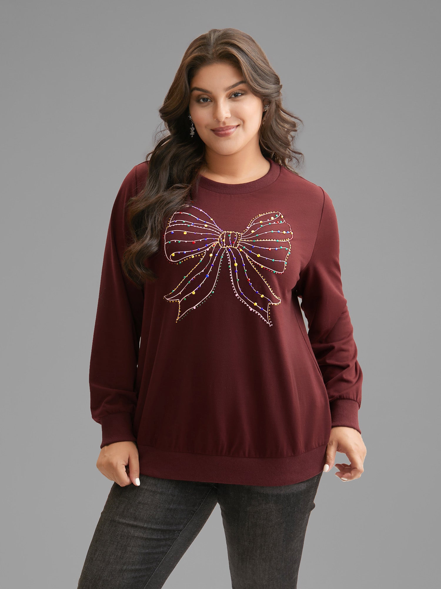 Rhinestone Embellished Bow Straight-Fit Sweatshirt