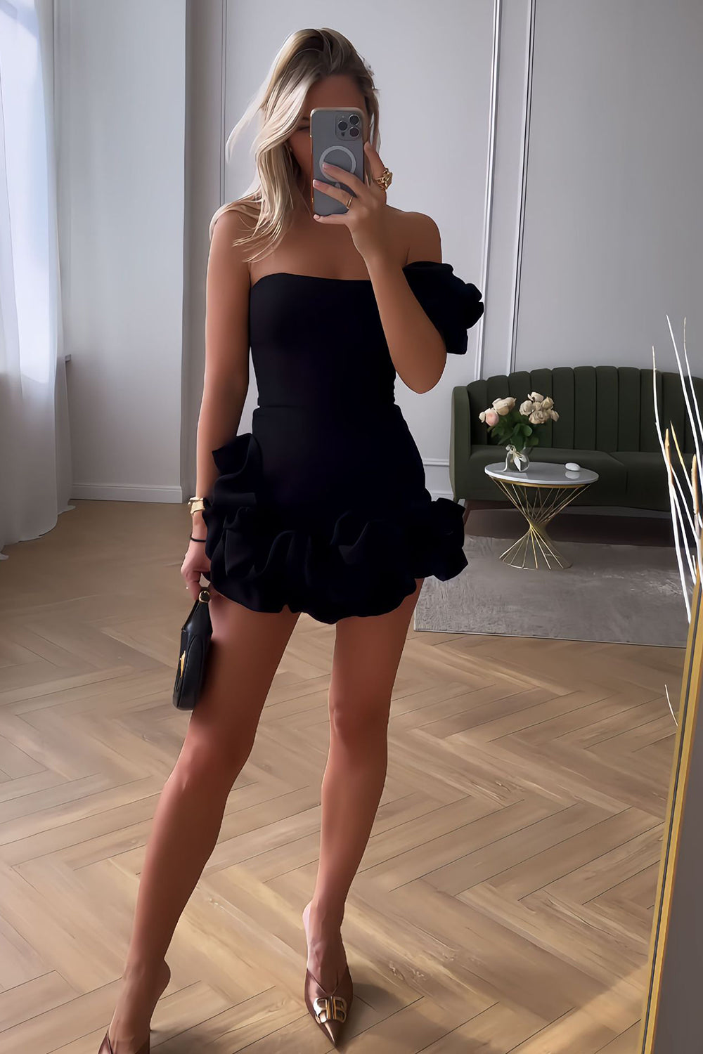 Black One Shoulder Ruffled Tight Short Homecoming Dress/Mini Dress