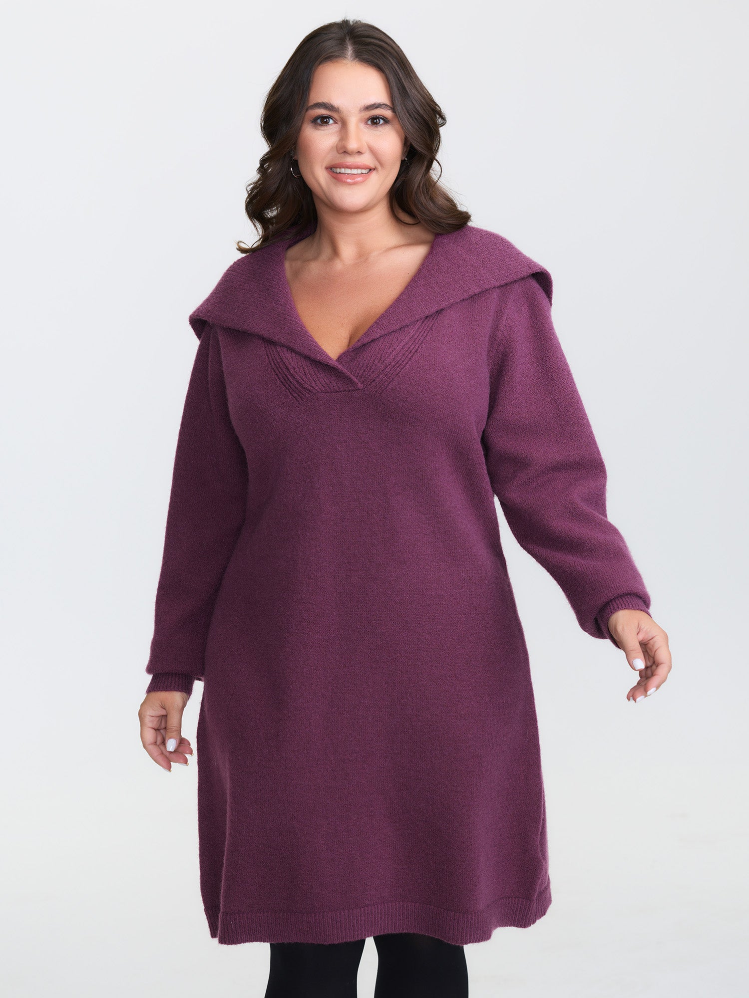 Polo Collar Ribbed Plain Sweater Dress