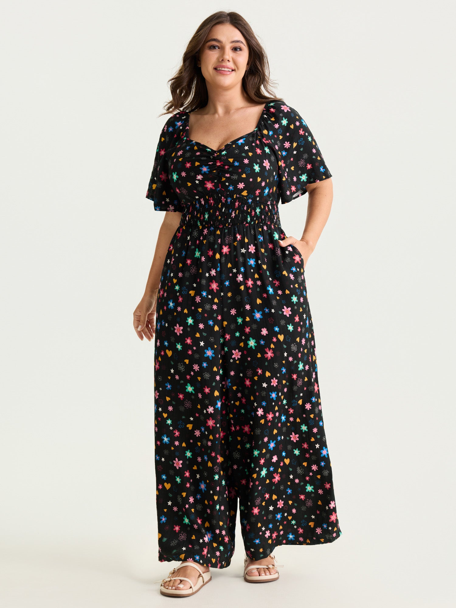 Colorful Floral Heart Print Cinched-Waist Jumpsuit