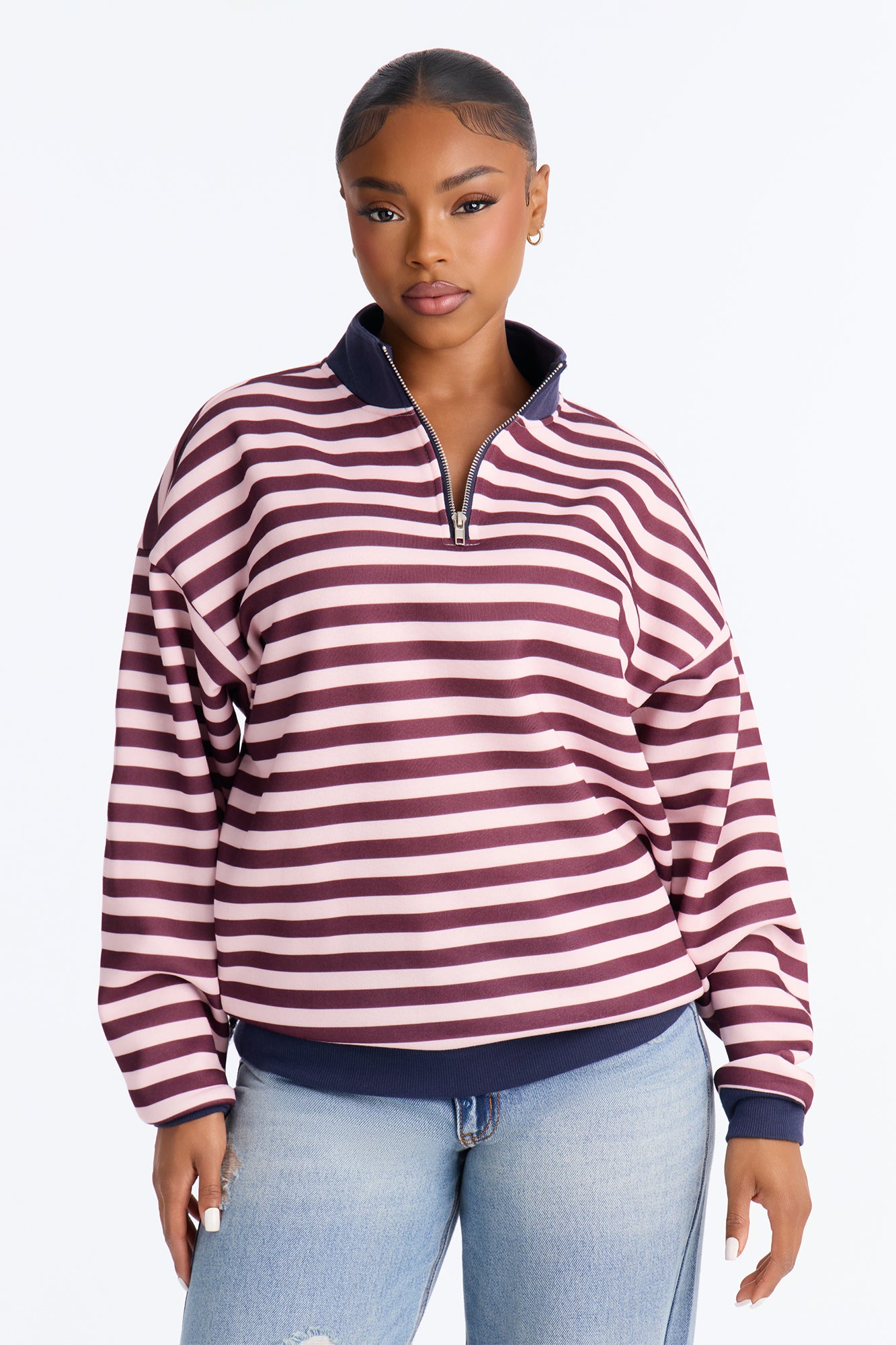 Maddie Mock Neck Striped Fleece Quarte zip - Burgundy/combo