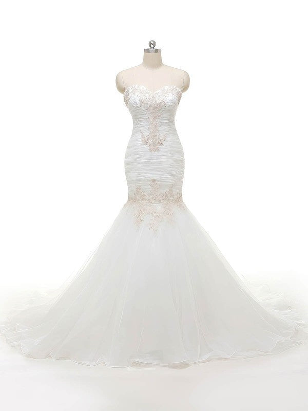 Fabulous Organza Sweetheart Strapless Trumpet Wedding Dresses with Sweep Train