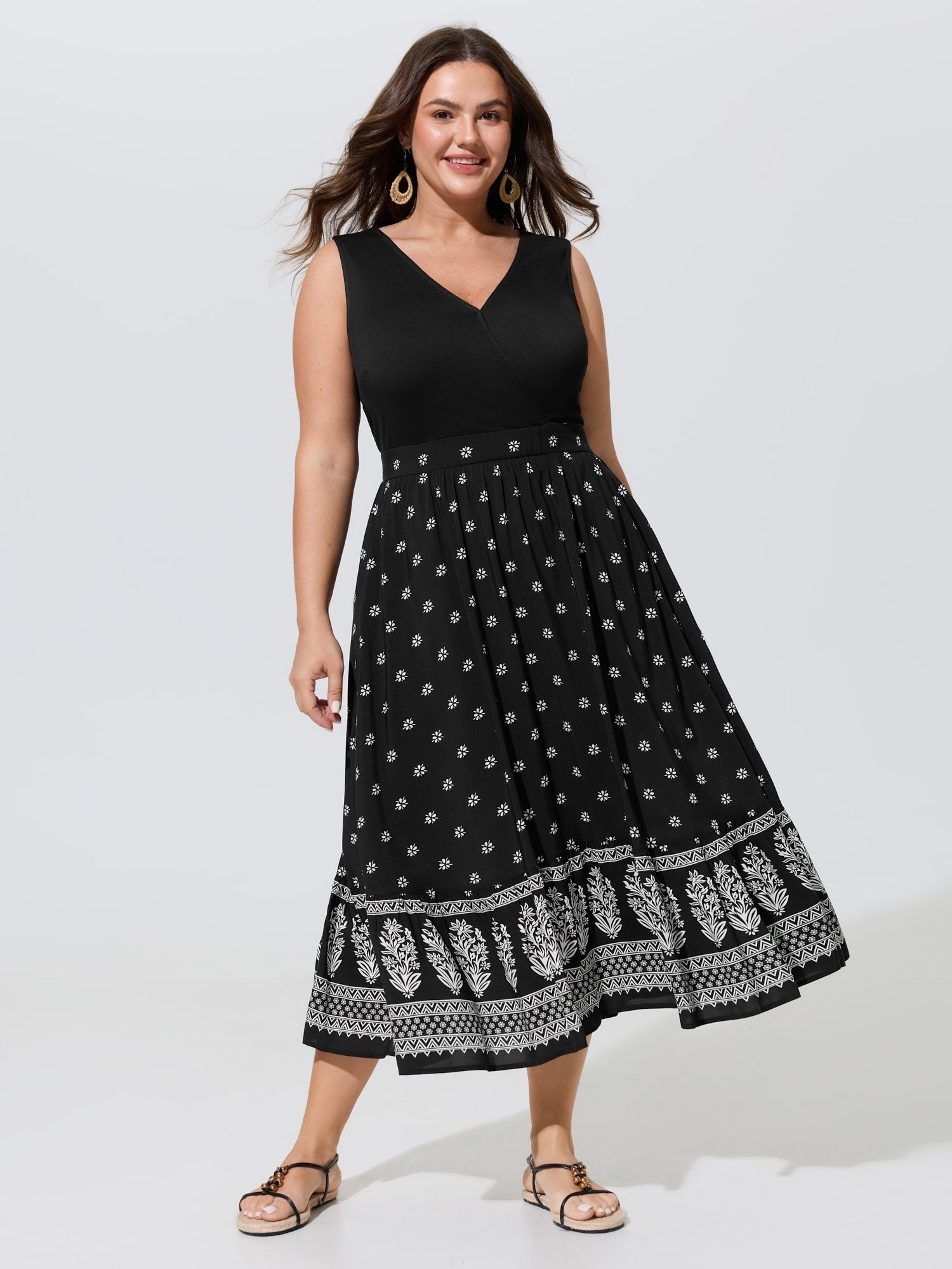 Floral Print Bust-Friendly Color Contrast Flowy Midi Dress