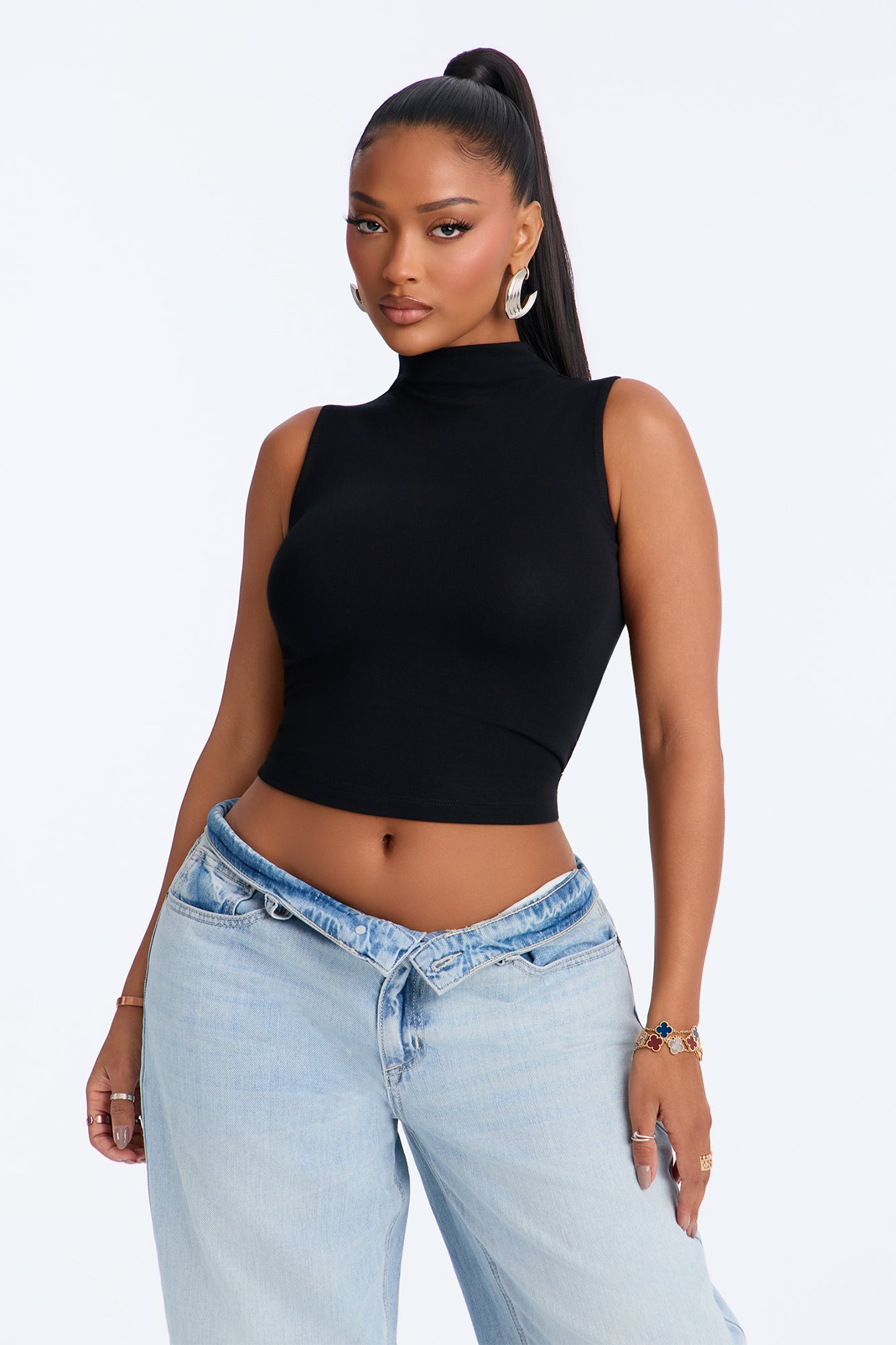 Lara Modal Blend Sleeveless Mock Neck Top - Black