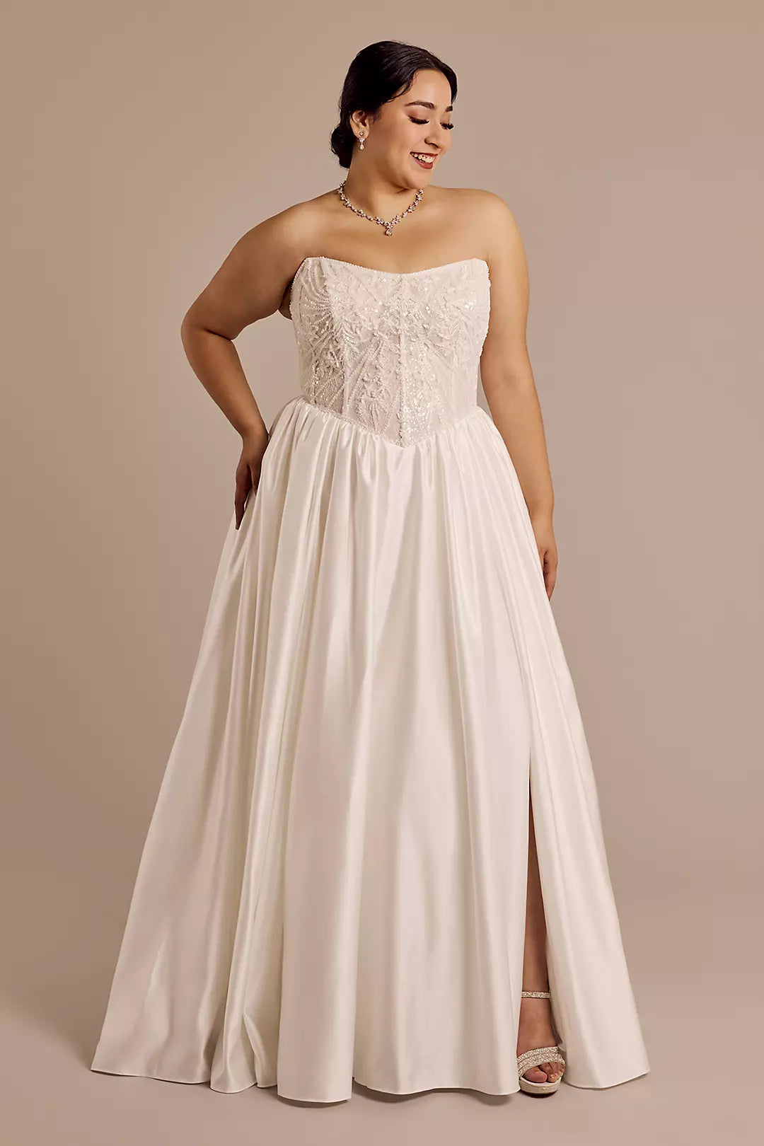 Beaded Bodice Basque Waist Strapless Ball Gown