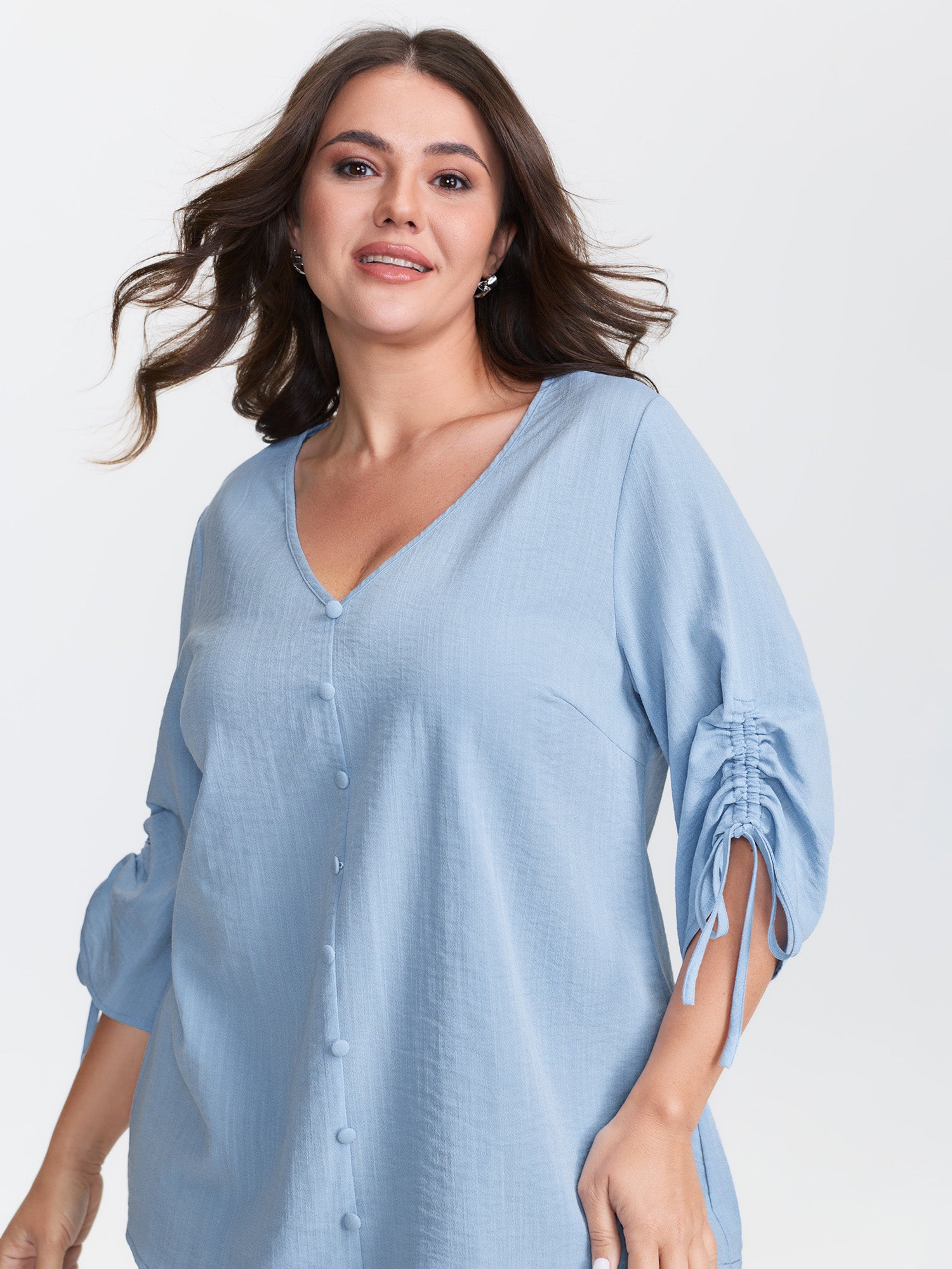 Adjustable Gathered Sleeve Button Blouse