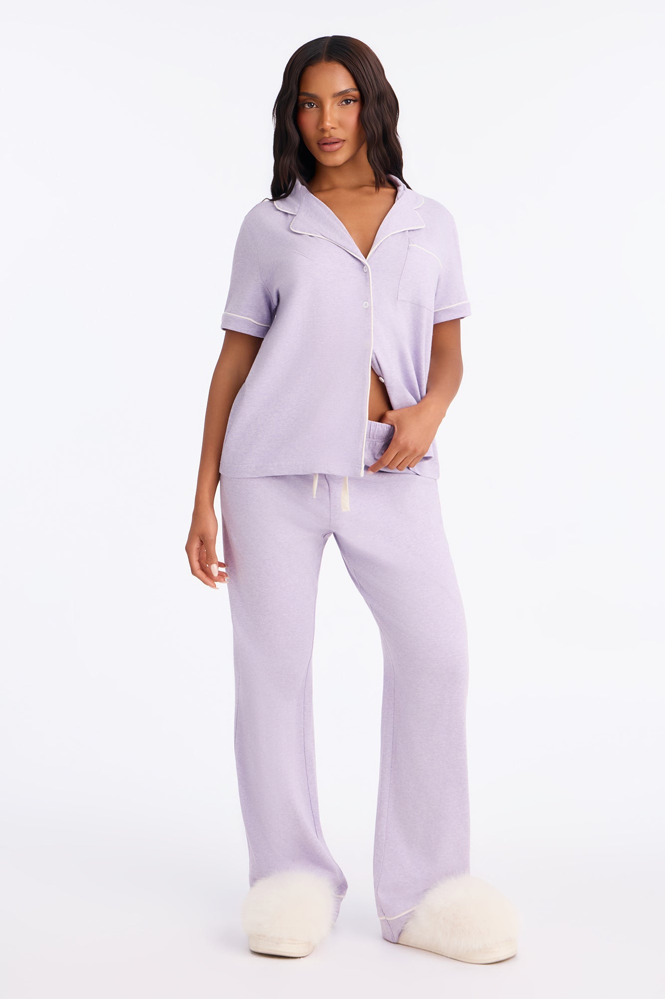 Nova Cotton Short Sleeve Button Down PJ Pant Set - Lavender